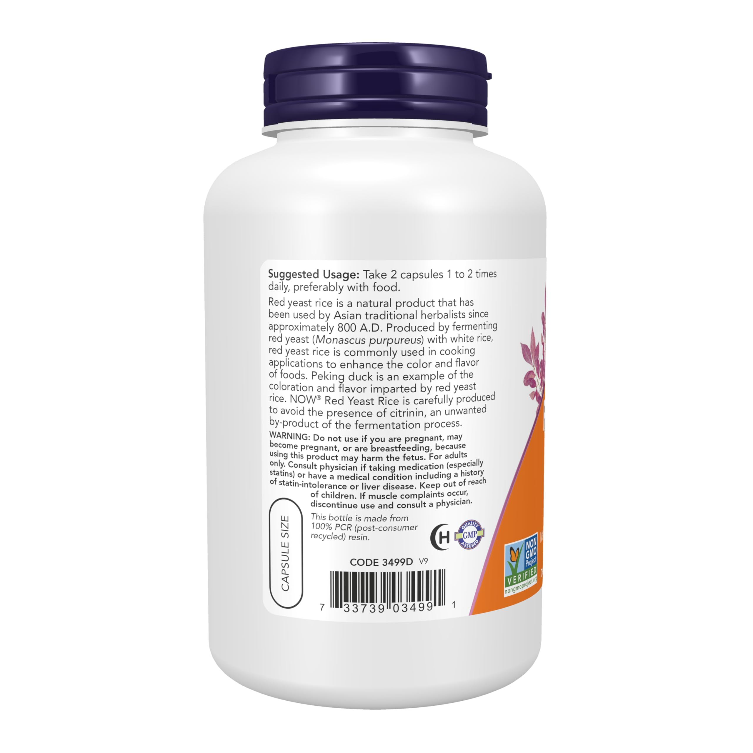 NOW Foods Red Yeast Rice 600 mg capsules back view
