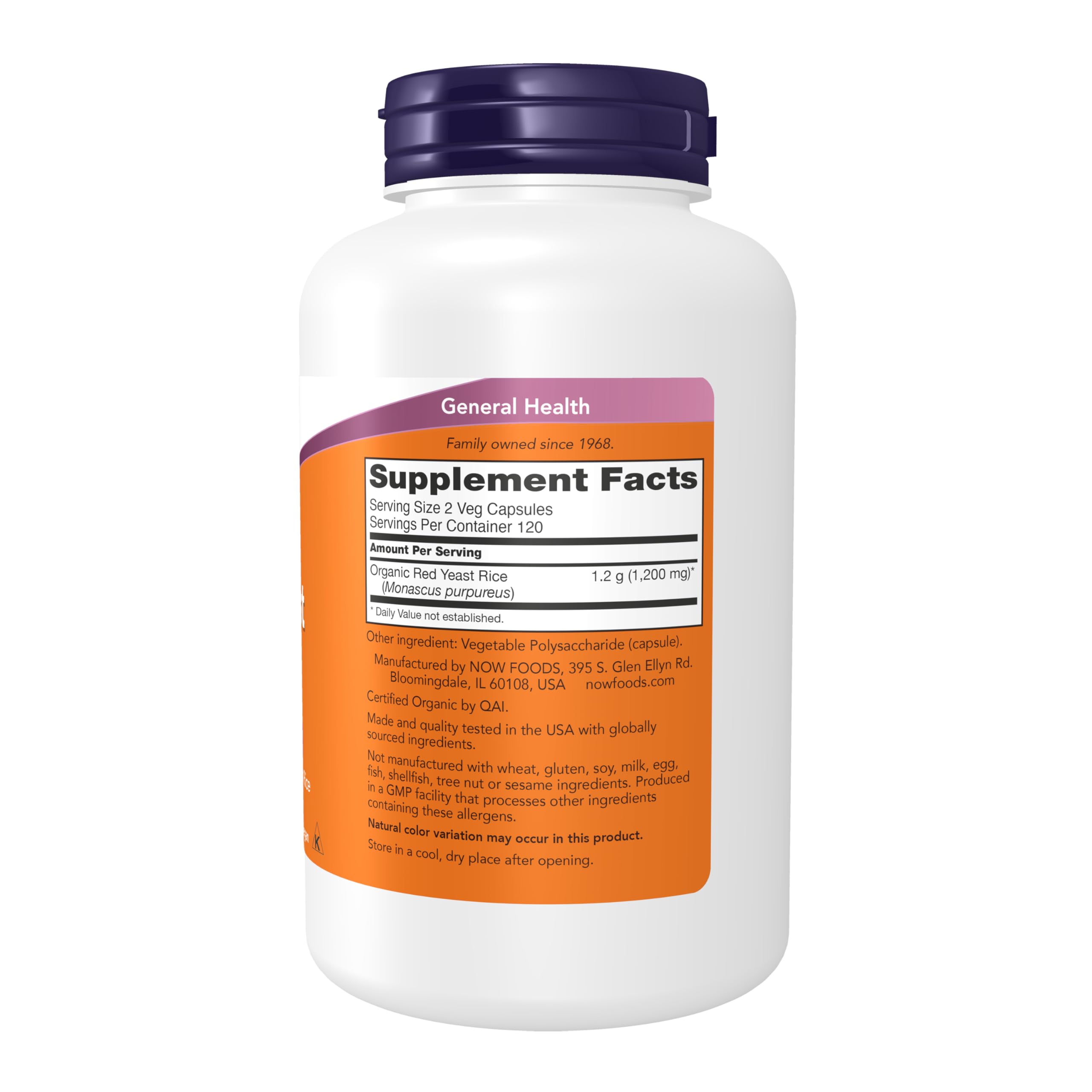 NOW Foods Red Yeast Rice 600 mg capsules side view