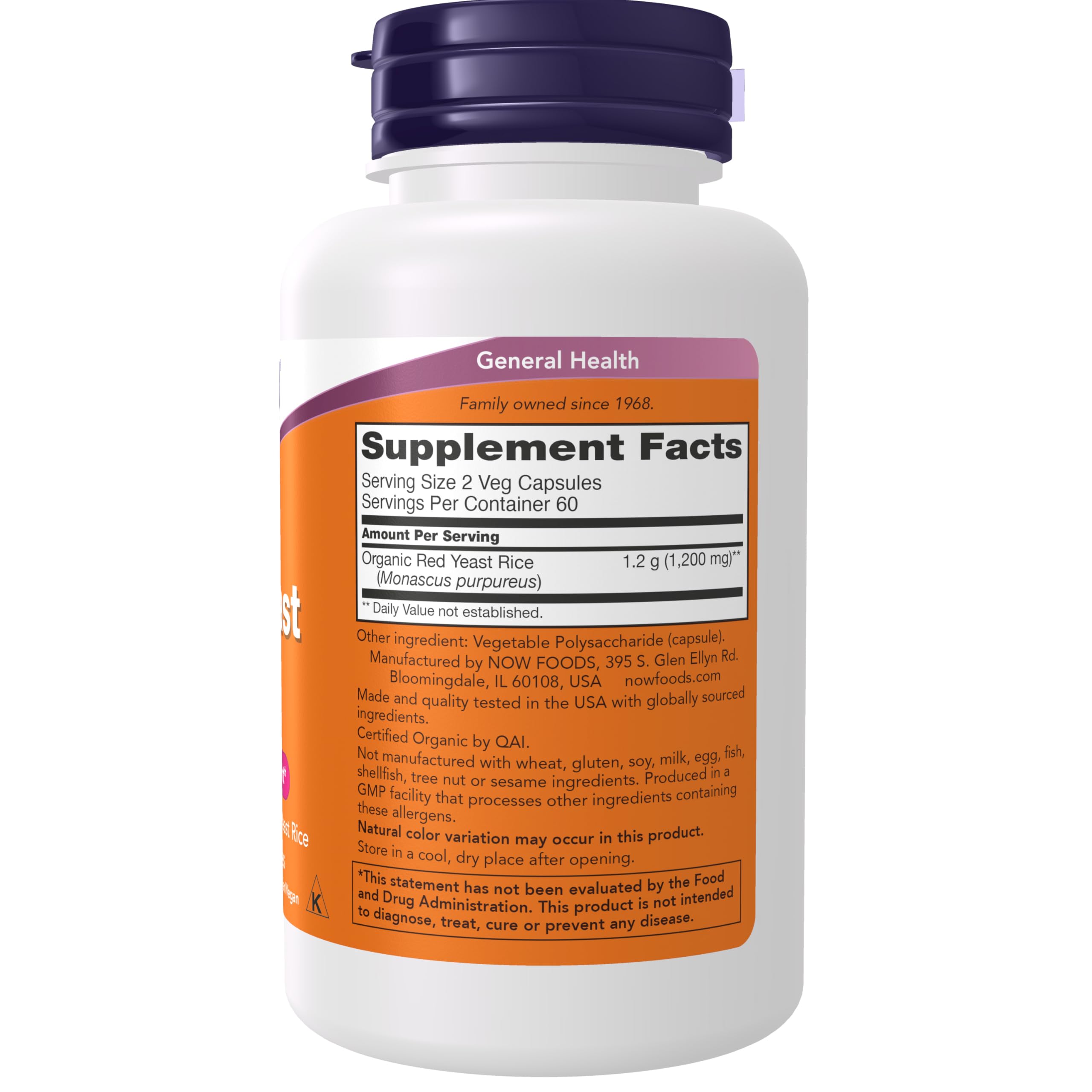 NOW Foods Red Yeast Rice 600mg Organic Capsules side view
