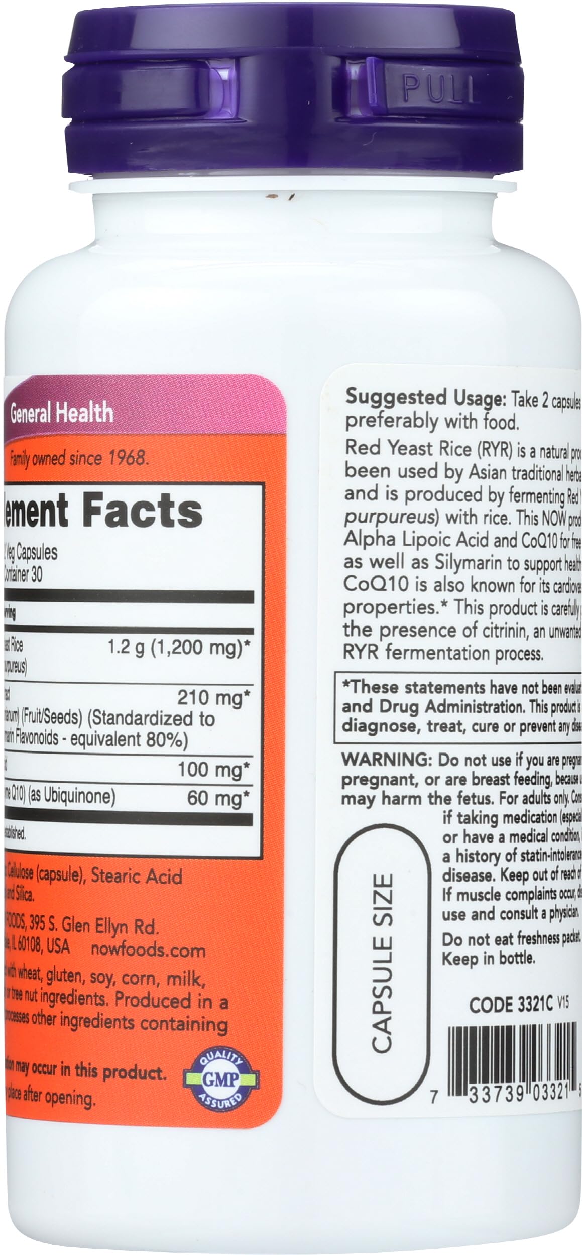 NOW Foods Red Yeast Rice & CoQ10 bottle side view