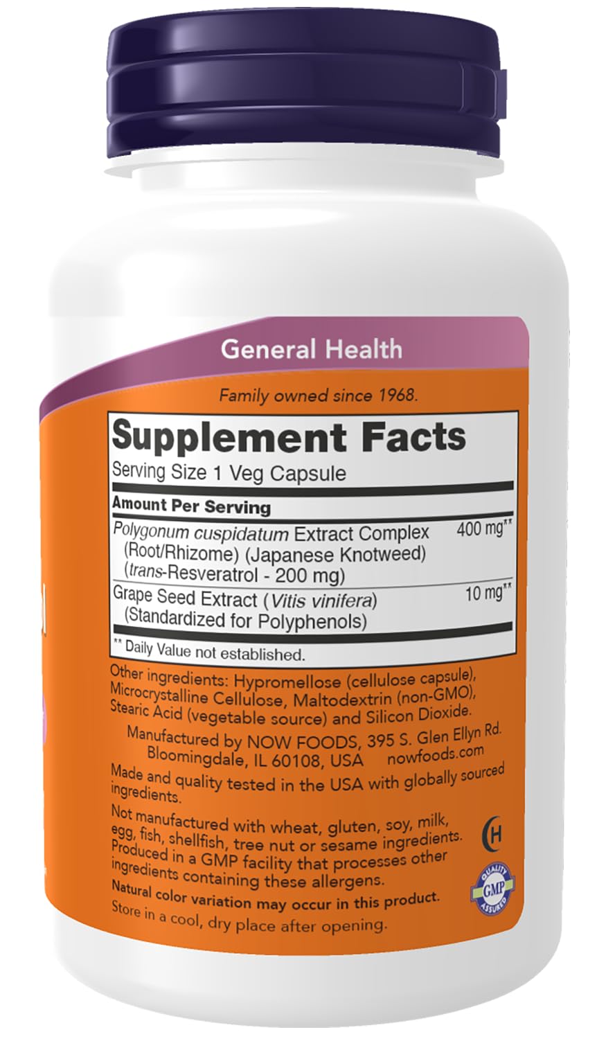 NOW Foods Resveratrol 400mg supplement side view showing capsule