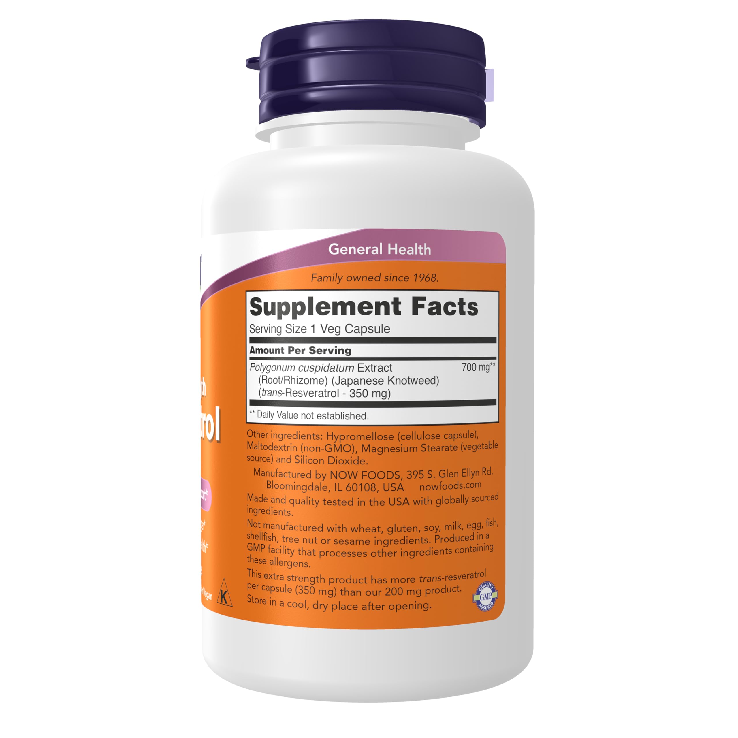 NOW Foods Resveratrol Extra Strength 350mg capsules side view