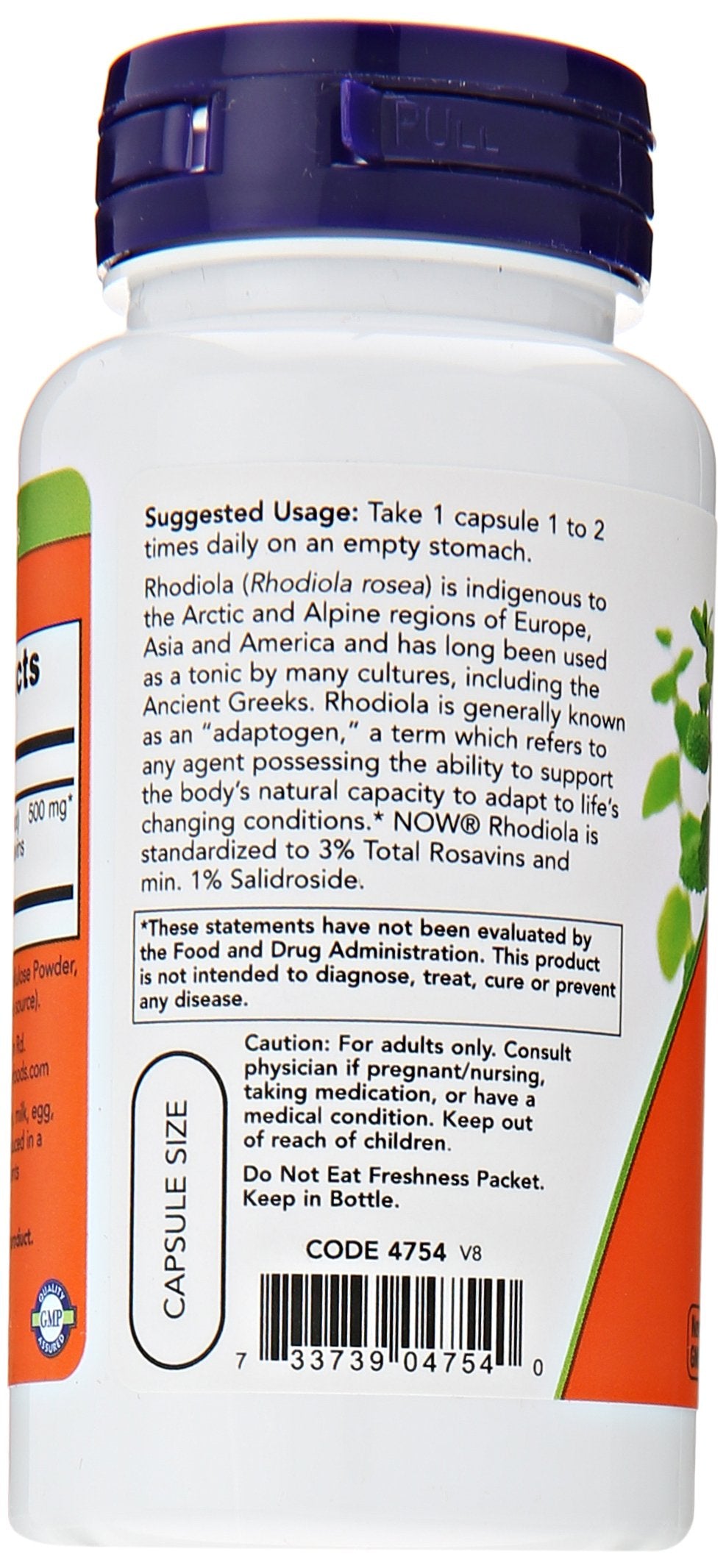 NOW Foods Rhodiola Rosea 500mg capsules side view with label
