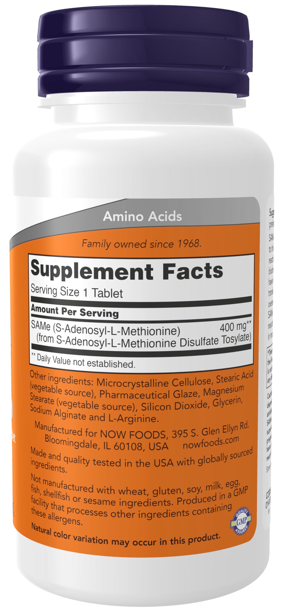 NOW Foods SAMe 400mg tablet close-up showing oval shape