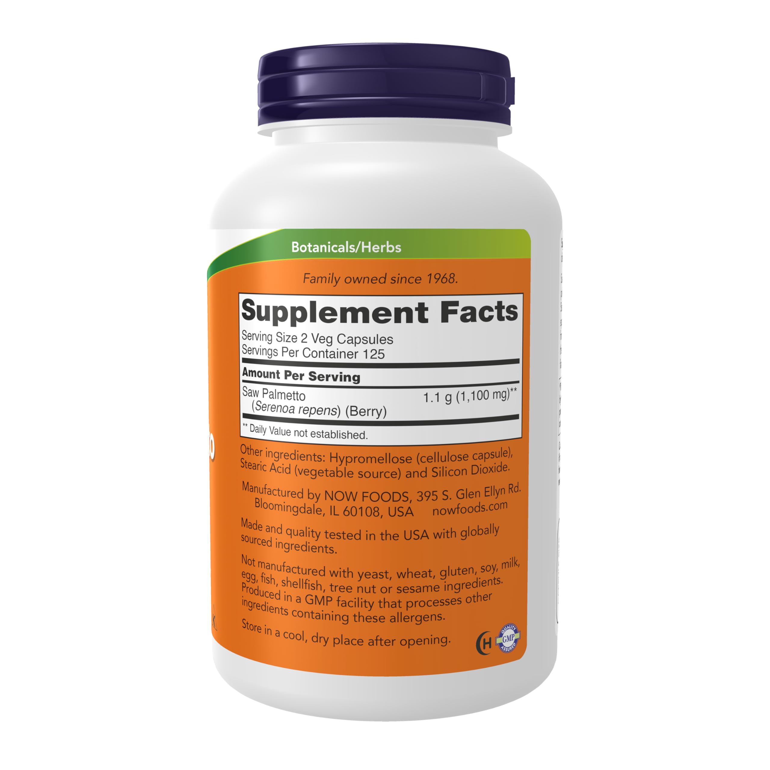 NOW Foods Saw Palmetto 1,100mg capsule bottle side view