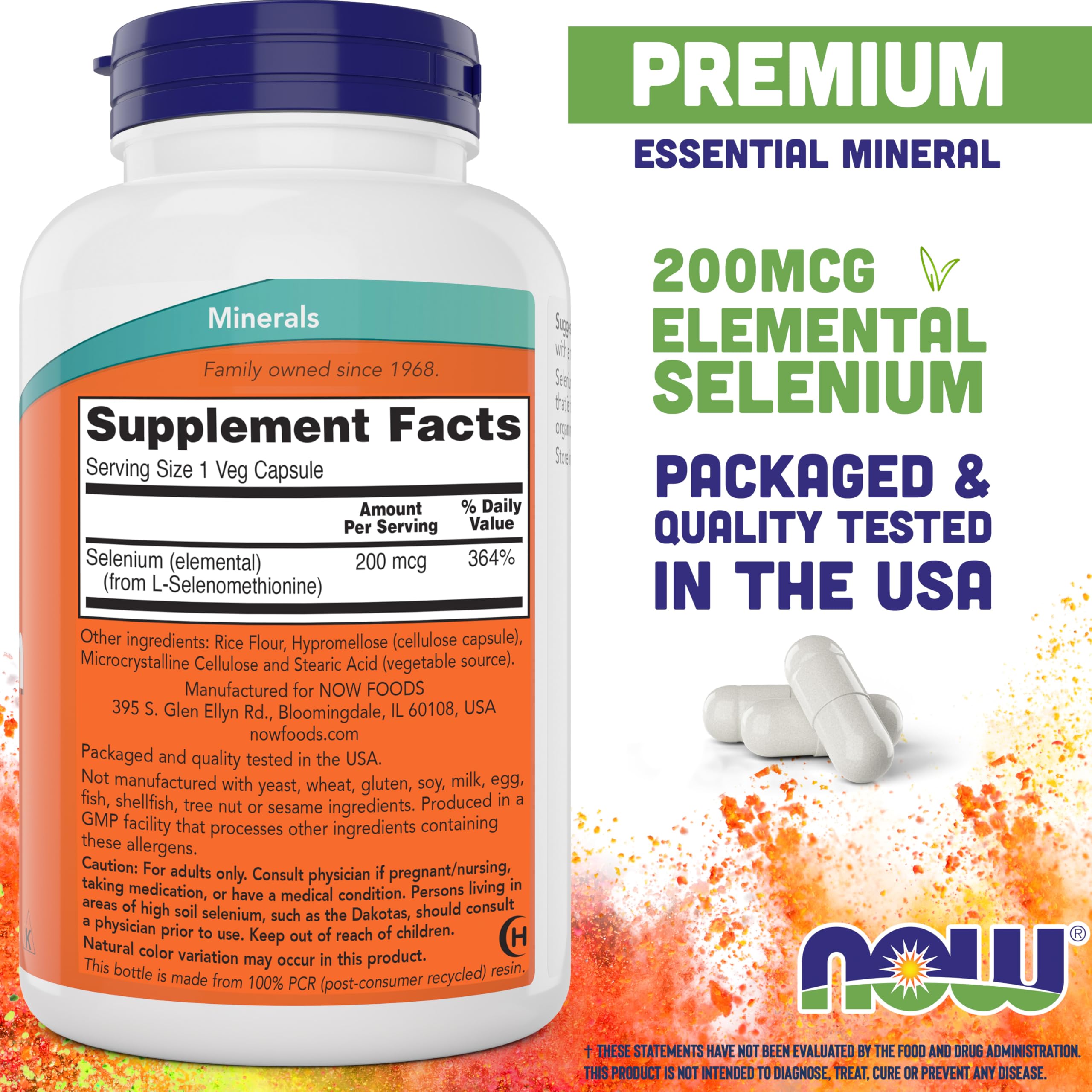 NOW Foods Selenium 200 mcg 300 Capsules side view