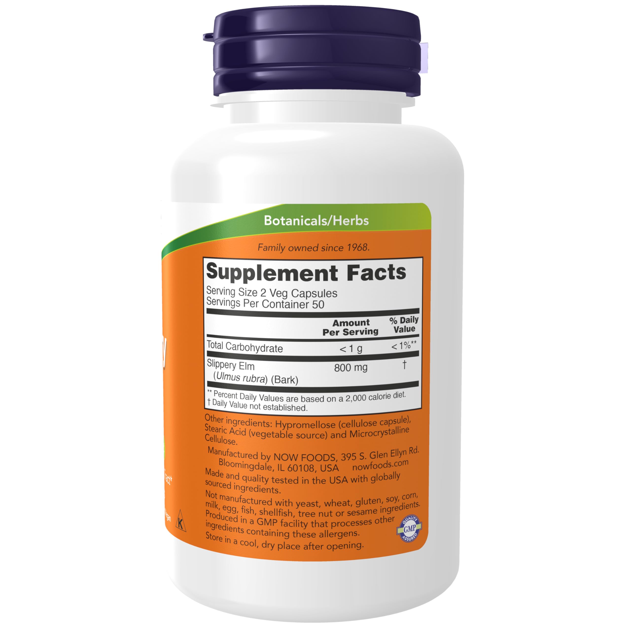NOW Foods Slippery Elm 400 mg 100 Capsules side view