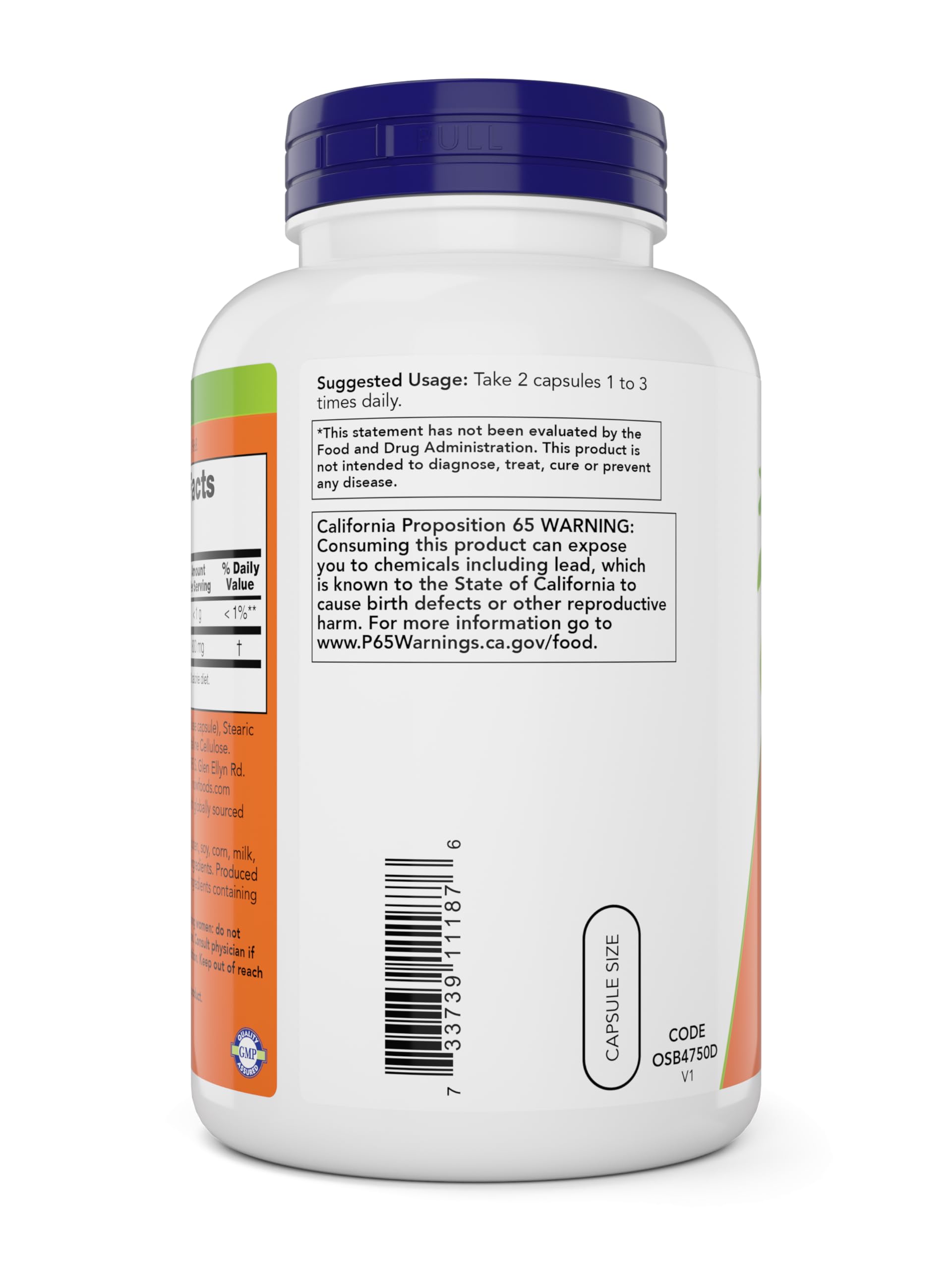 NOW Foods Slippery Elm 400 mg 300 Vegetarian Capsules back view