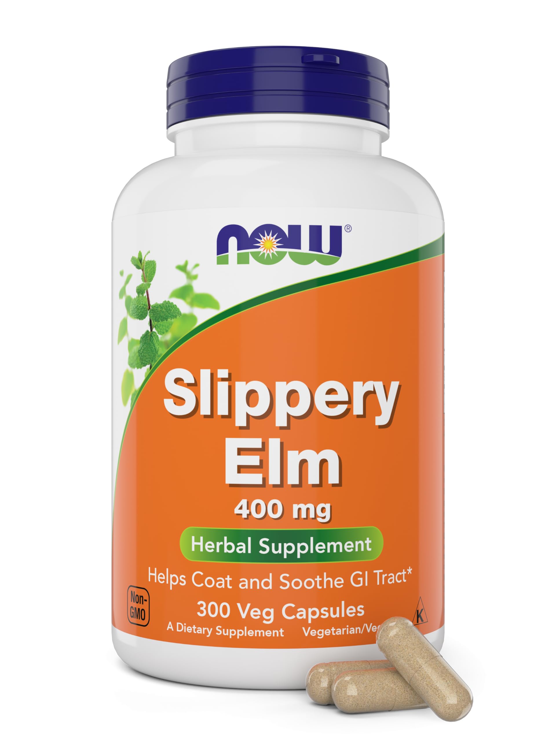 NOW Foods Slippery Elm 400 mg 300 Vegetarian Capsules front view
