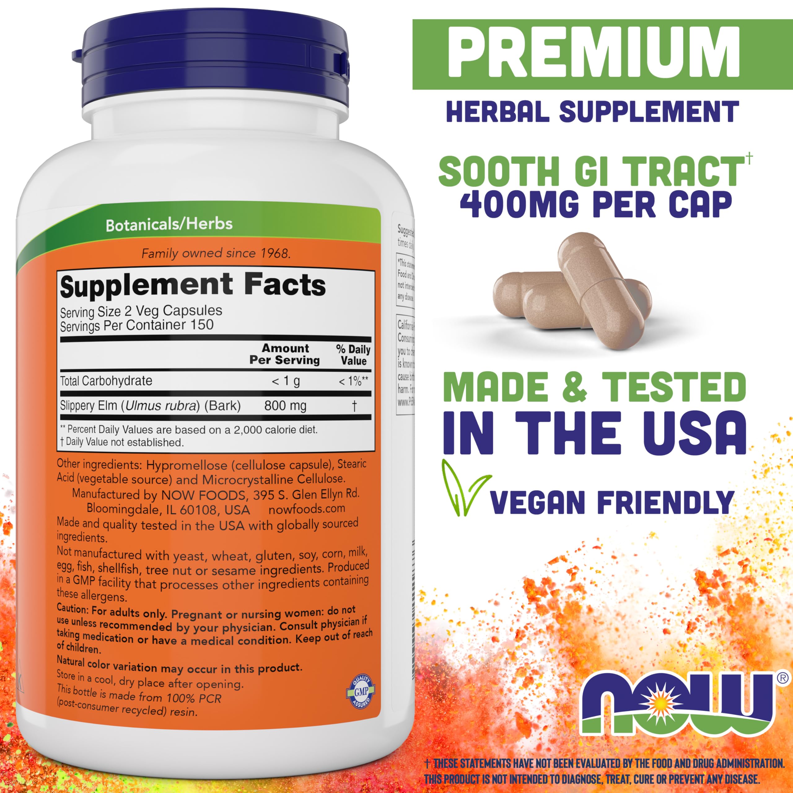 NOW Foods Slippery Elm 400 mg 300 Vegetarian Capsules side view