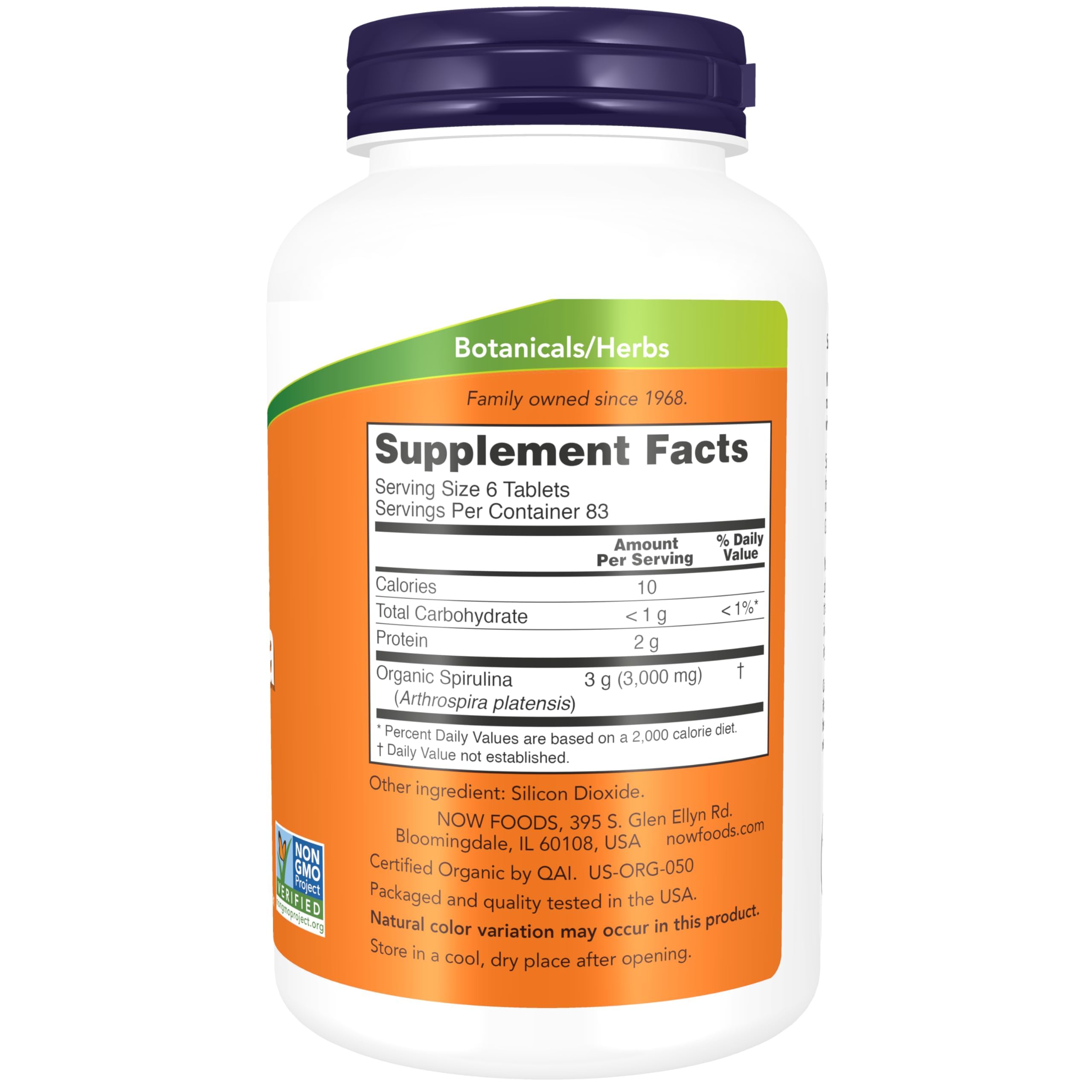 NOW Foods Spirulina Tablets side view with label