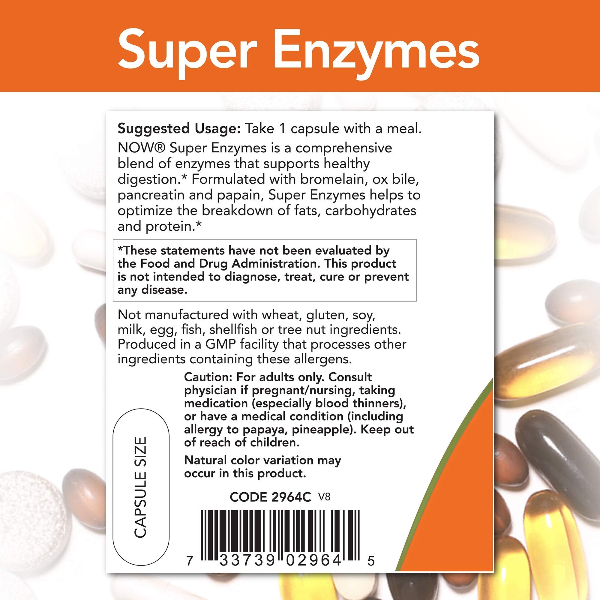 NOW Foods Super Enzyme Caps side view showing capsule details