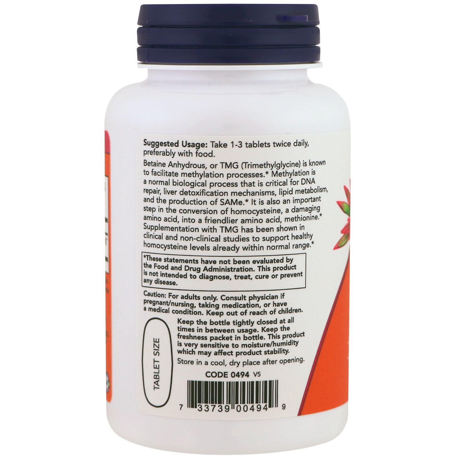 NOW Foods TMG 1000mg supplement side view showing tablet size