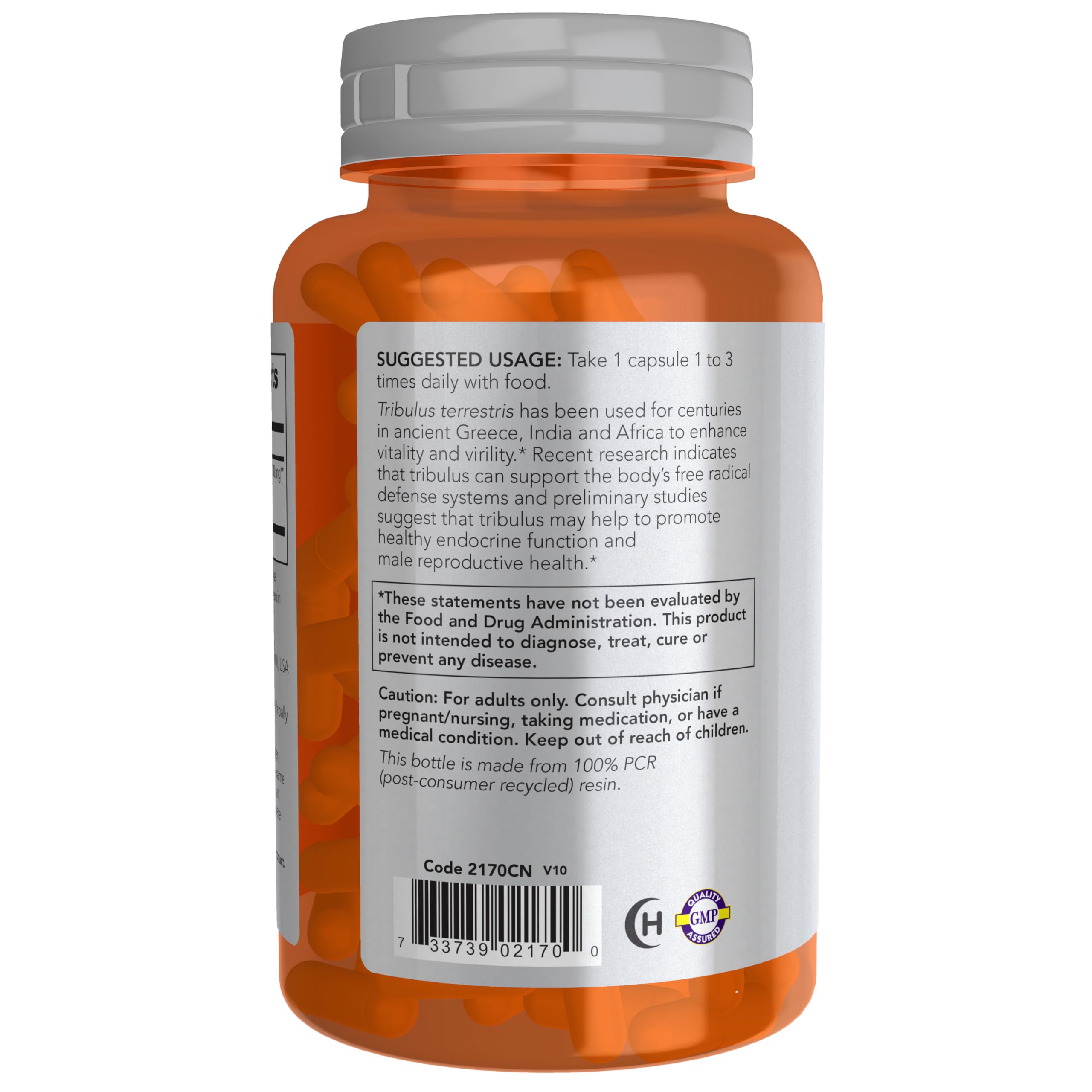 NOW Foods Tribulus Terrestris 500mg capsules back view with supplement facts