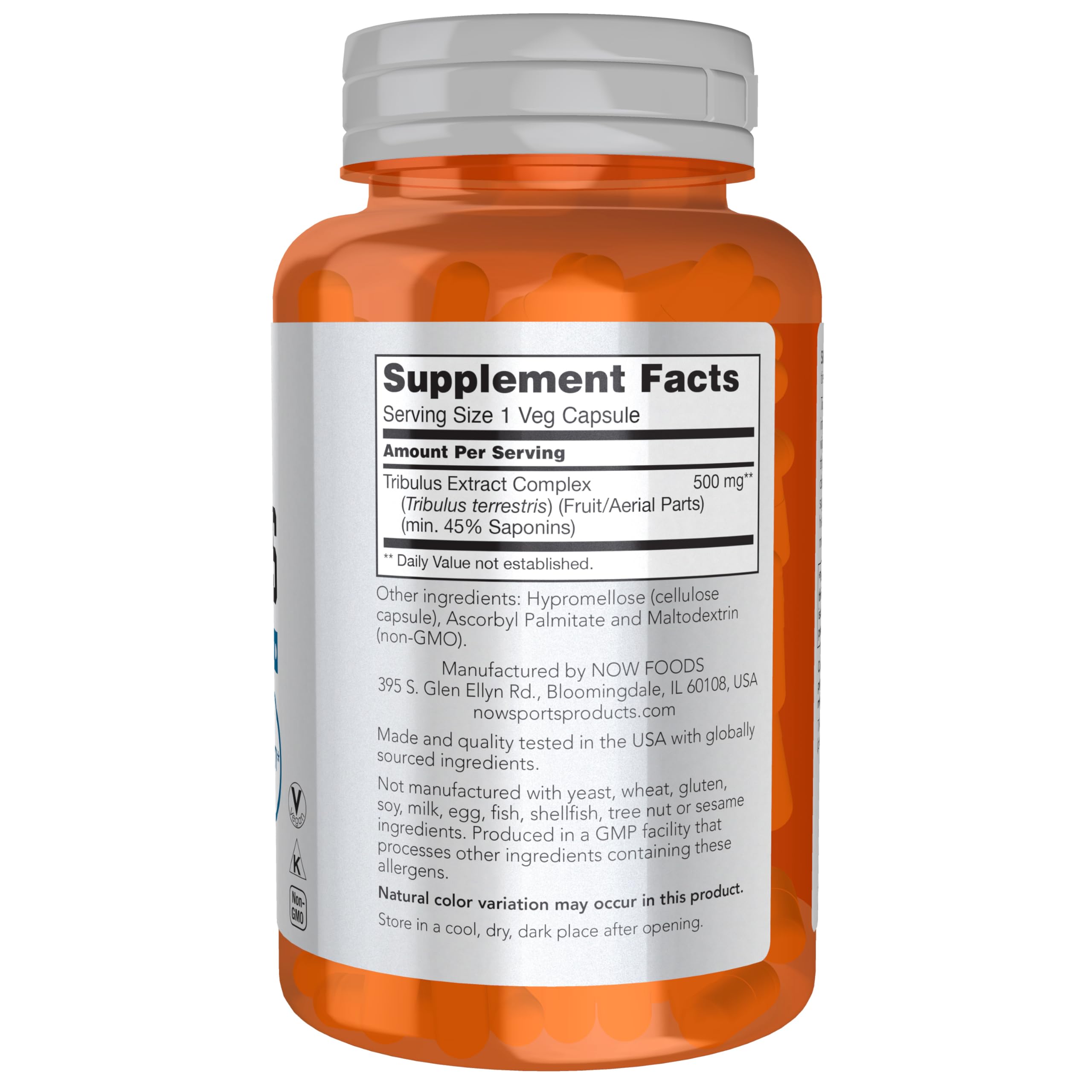 NOW Foods Tribulus Terrestris 500mg capsules side view