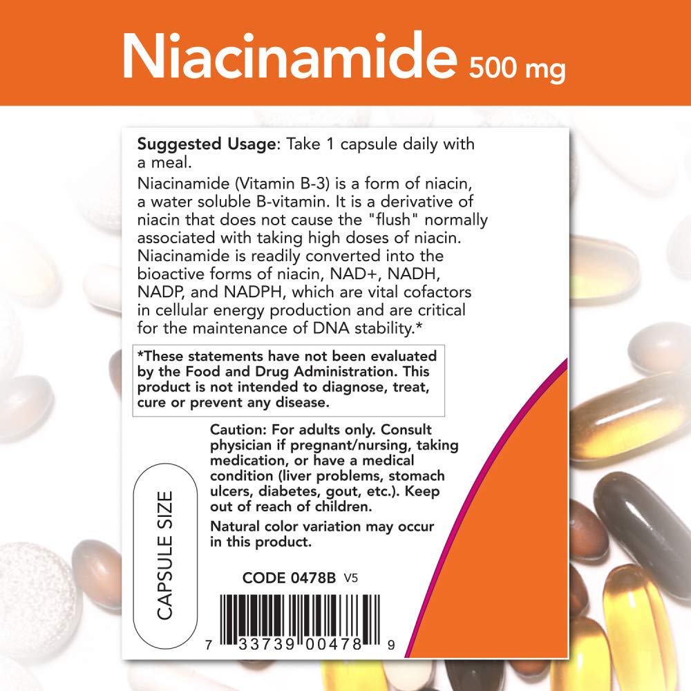 NOW Foods Vitamin B-3 Niacinamide 500mg capsules back view