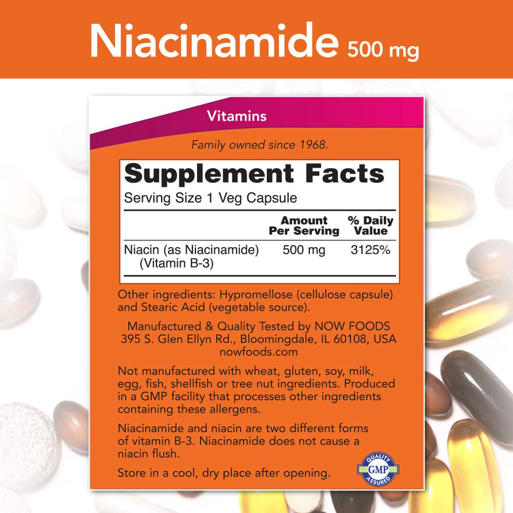 NOW Foods Vitamin B-3 Niacinamide 500mg capsules side view