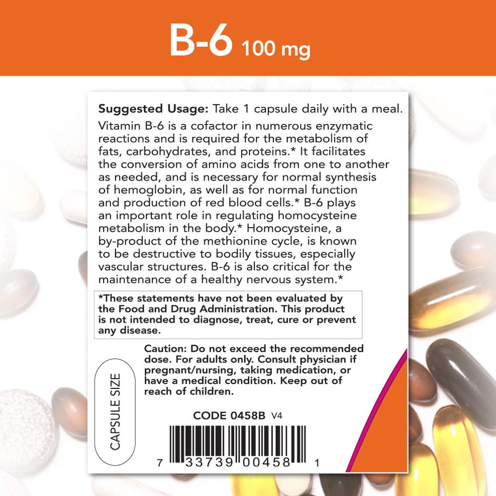NOW Foods Vitamin B-6 100mg capsules bottle with label