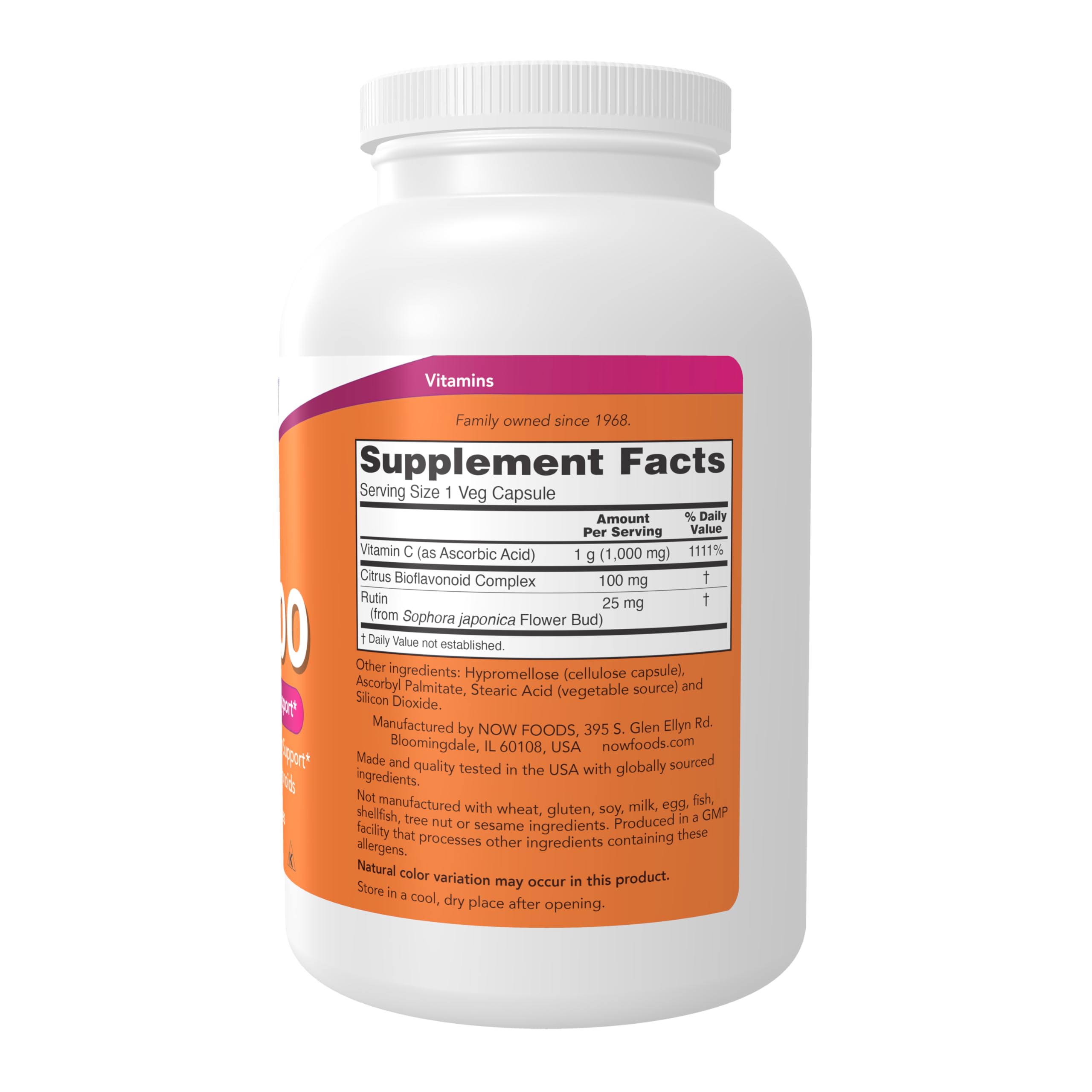 NOW Foods Vitamin C-1000 Capsules side view with label