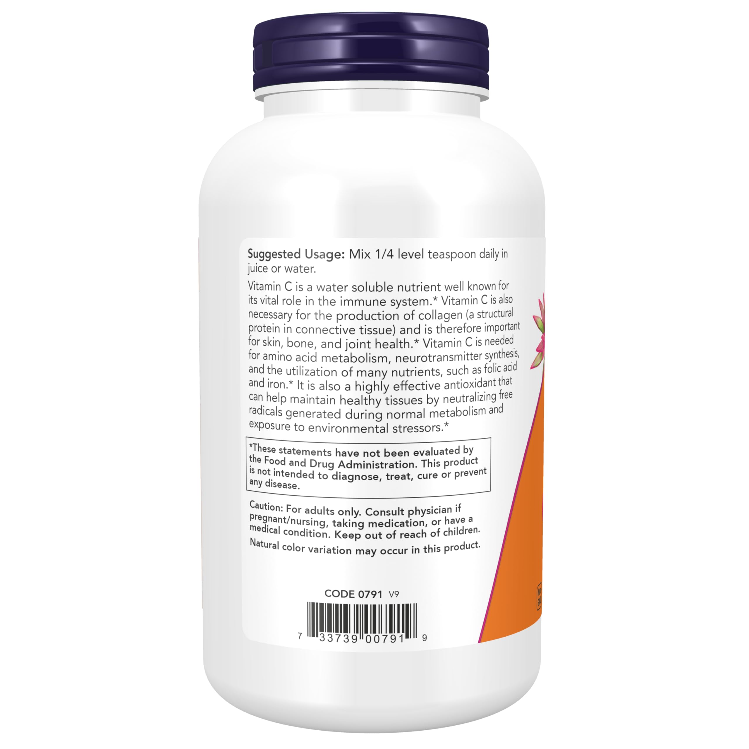 NOW Foods Vitamin C Pure Powder scoop showing dosage