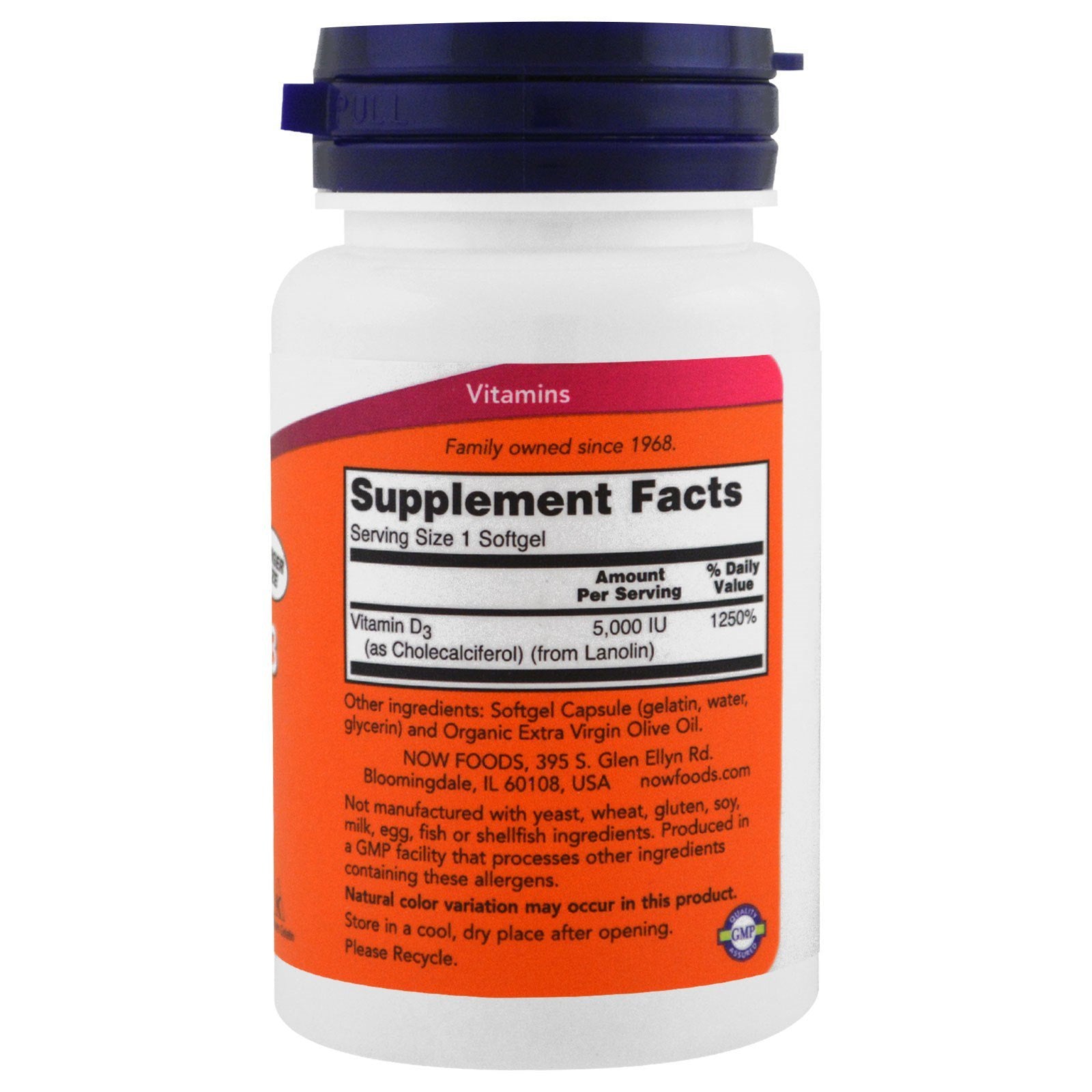 NOW Foods Vitamin D-3 Softgels 5000 IU packaging