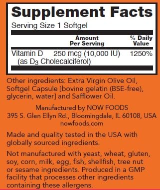 NOW Foods Vitamin D3 10,000 IU softgel side view