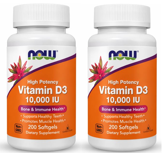 NOW Foods Vitamin D3 250 mcg 200 softgels front view