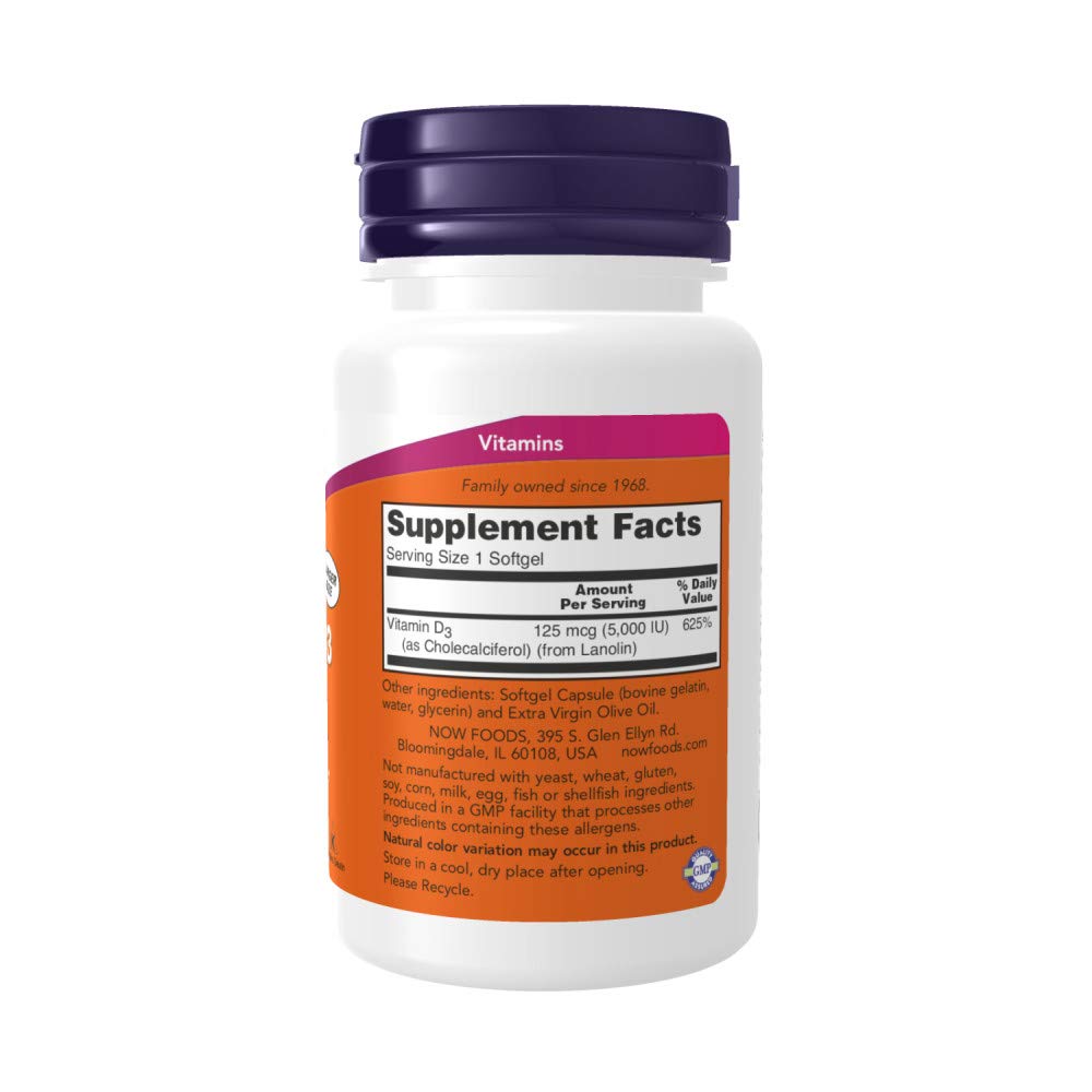 NOW Foods Vitamin D3 5000 IU liquid softgel side view