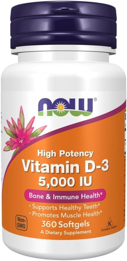 NOW Foods Vitamin D3 5000 IU softgels front view