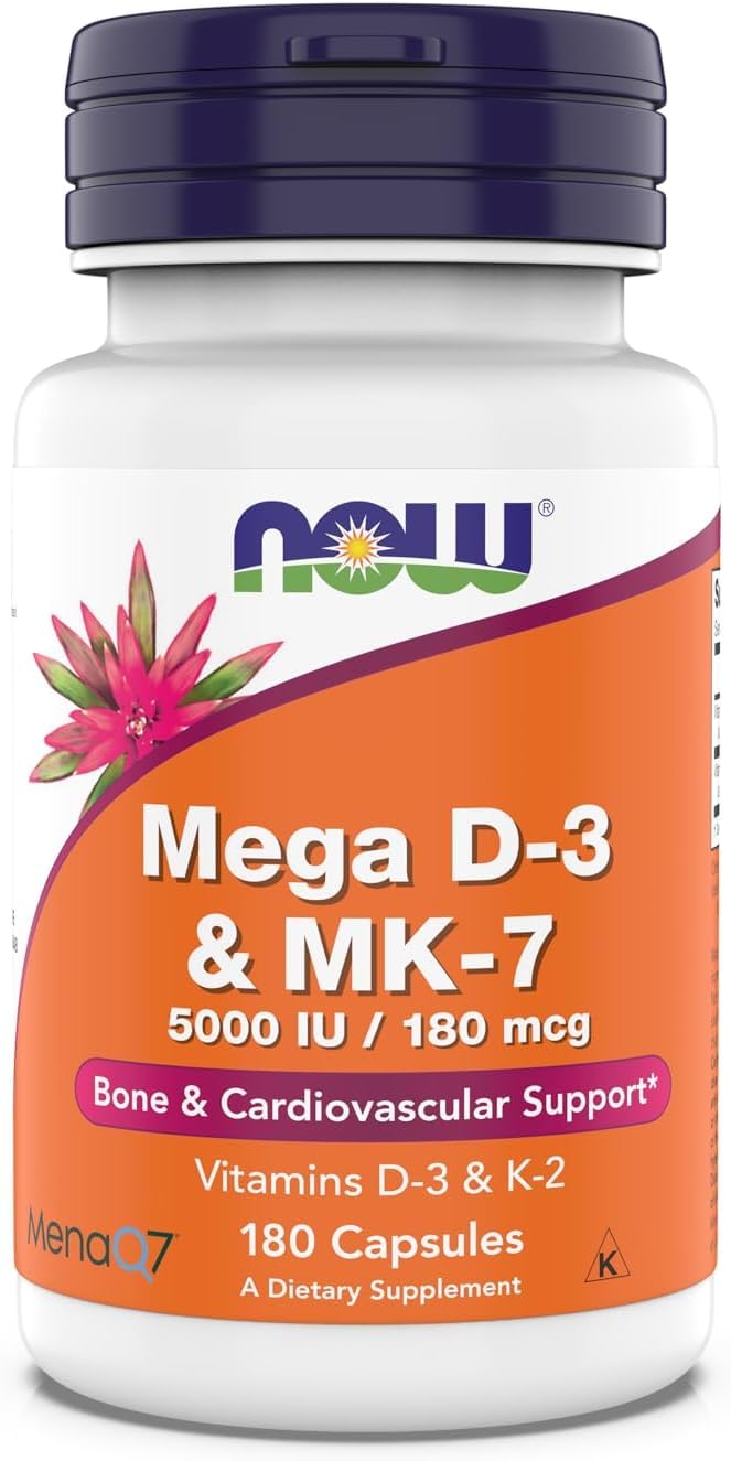 NOW Foods Vitamin D3 and K2 capsules front view