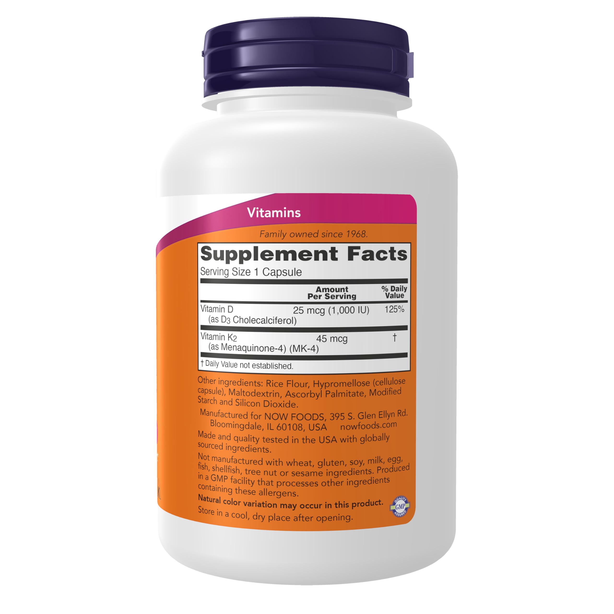 NOW Foods Vitamin D3 & K2 capsules 1000 IU 45 mcg bottle side view
