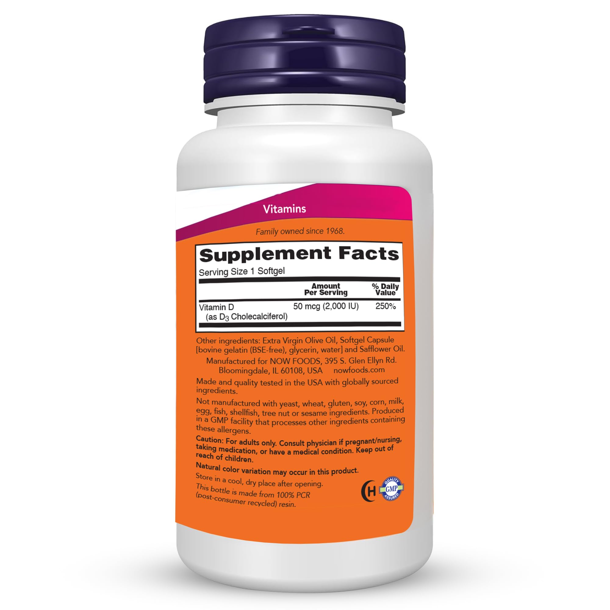 NOW Foods Vitamin D3 softgel packaging side view