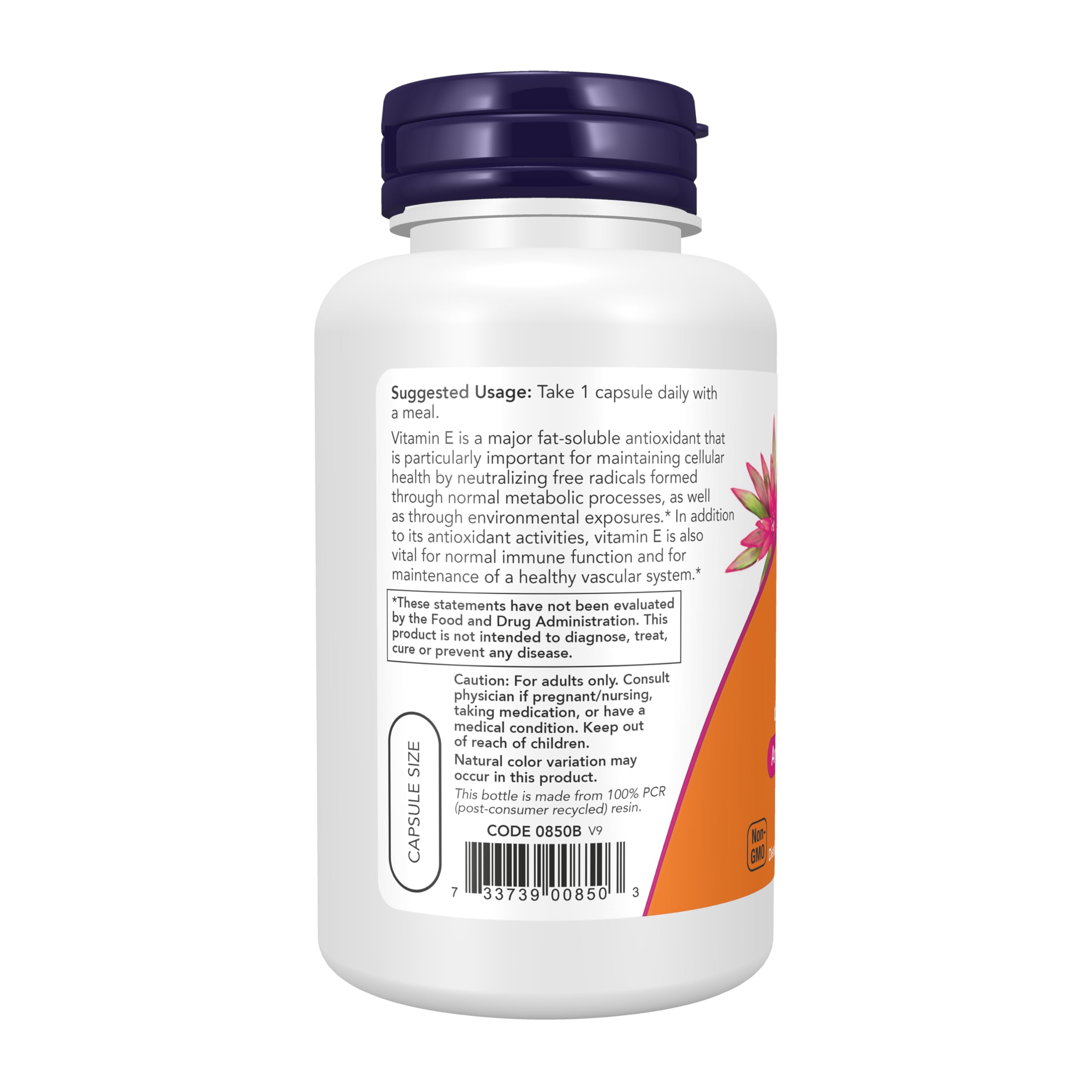 NOW Foods Vitamin E 400 IU 100 capsules side view