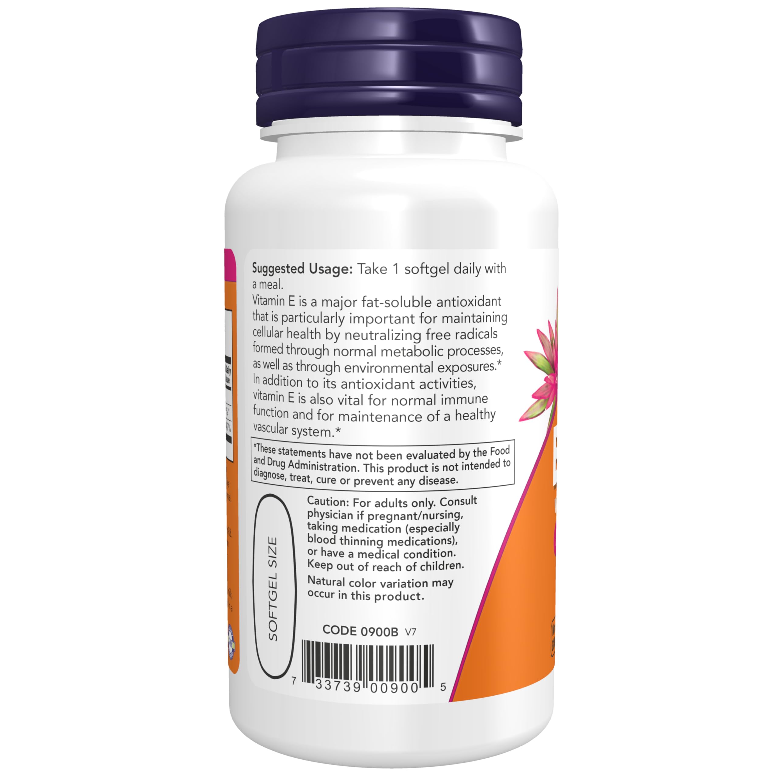 NOW Foods Vitamin E 50 count bottle side view