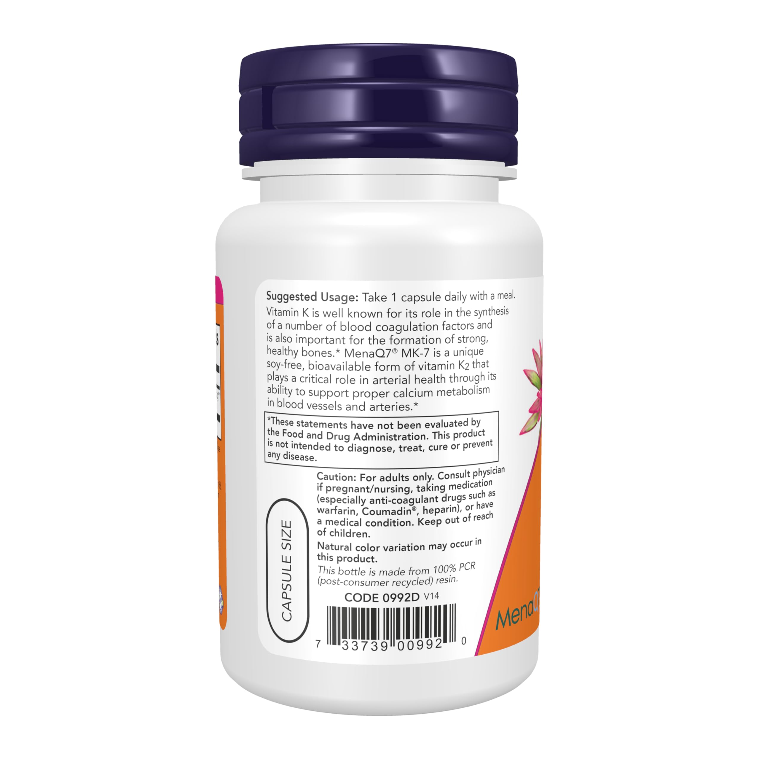 NOW Foods Vitamin K-2 MK7 Veg Capsules 100 mcg side view