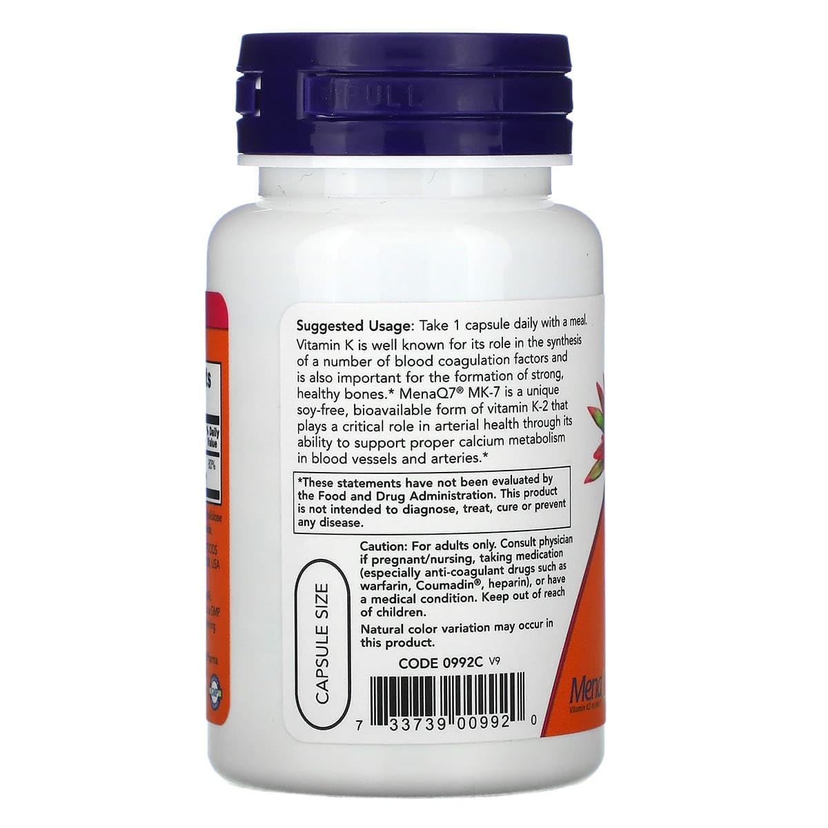 NOW Foods Vitamin K-2 (MK7) Veg Capsules packaging