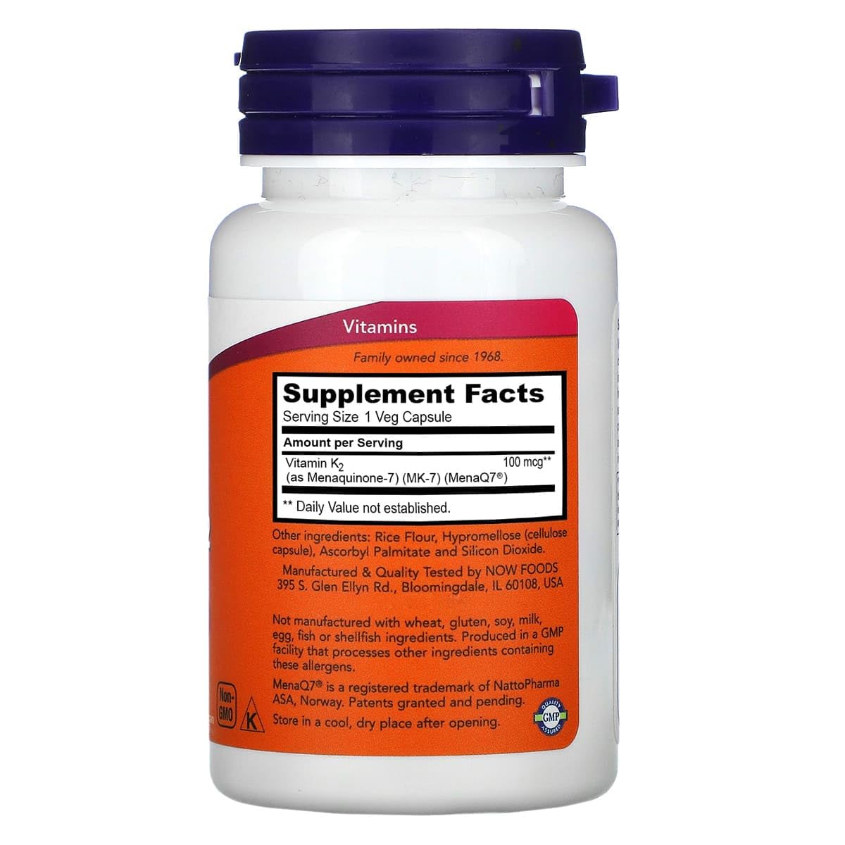 NOW Foods Vitamin K-2 (MK7) Veg Capsules side view