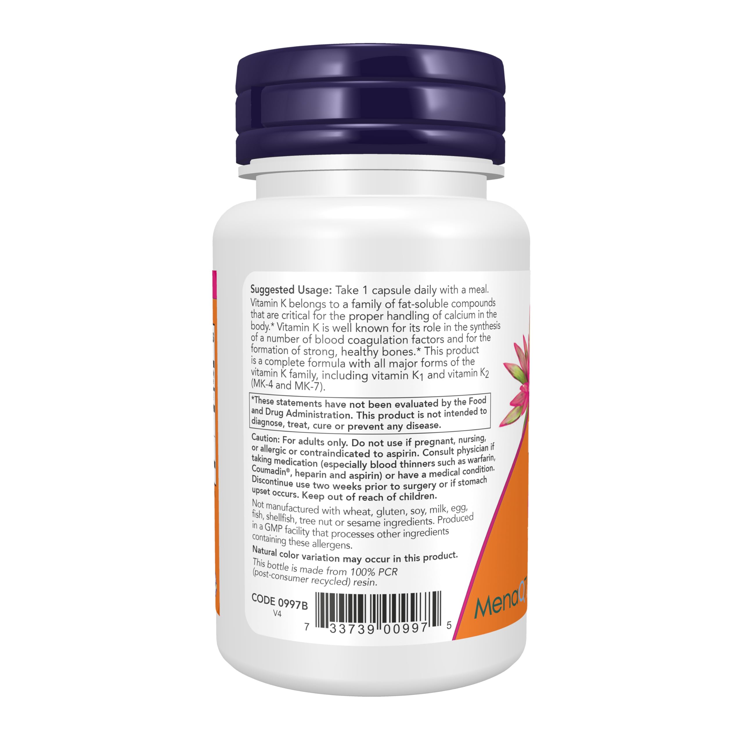 NOW Foods Vitamin K2 + K1 90 Veg Capsules back view with supplement facts