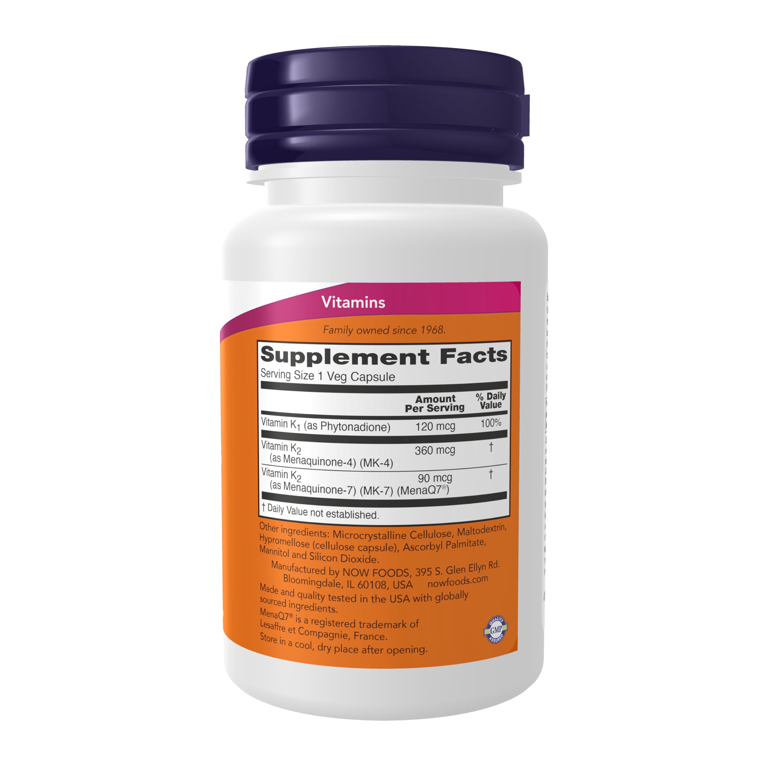 NOW Foods Vitamin K2 + K1 90 Veg Capsules side view