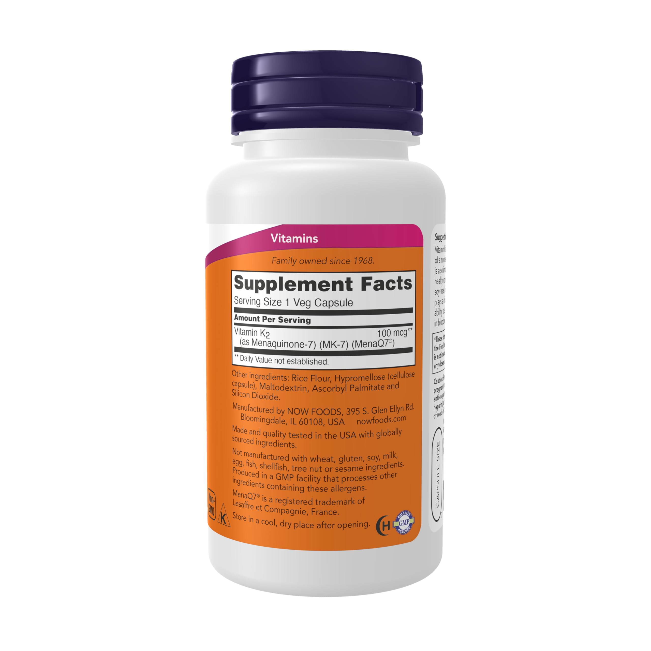 NOW Foods Vitamin K2 MenaQ7 MK-7 100mcg Vegan Capsules back view