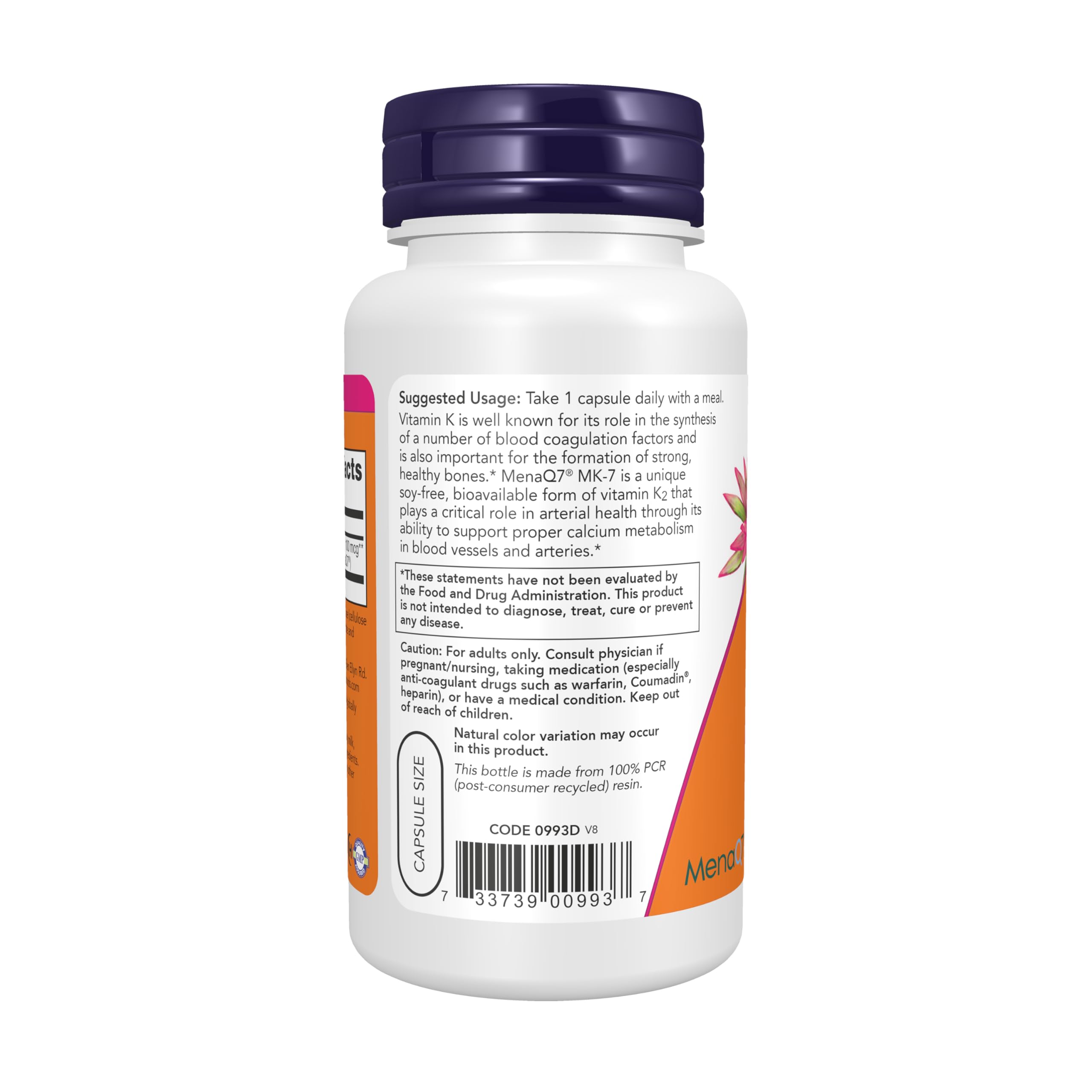 NOW Foods Vitamin K2 MenaQ7 MK-7 100mcg Vegan Capsules side view