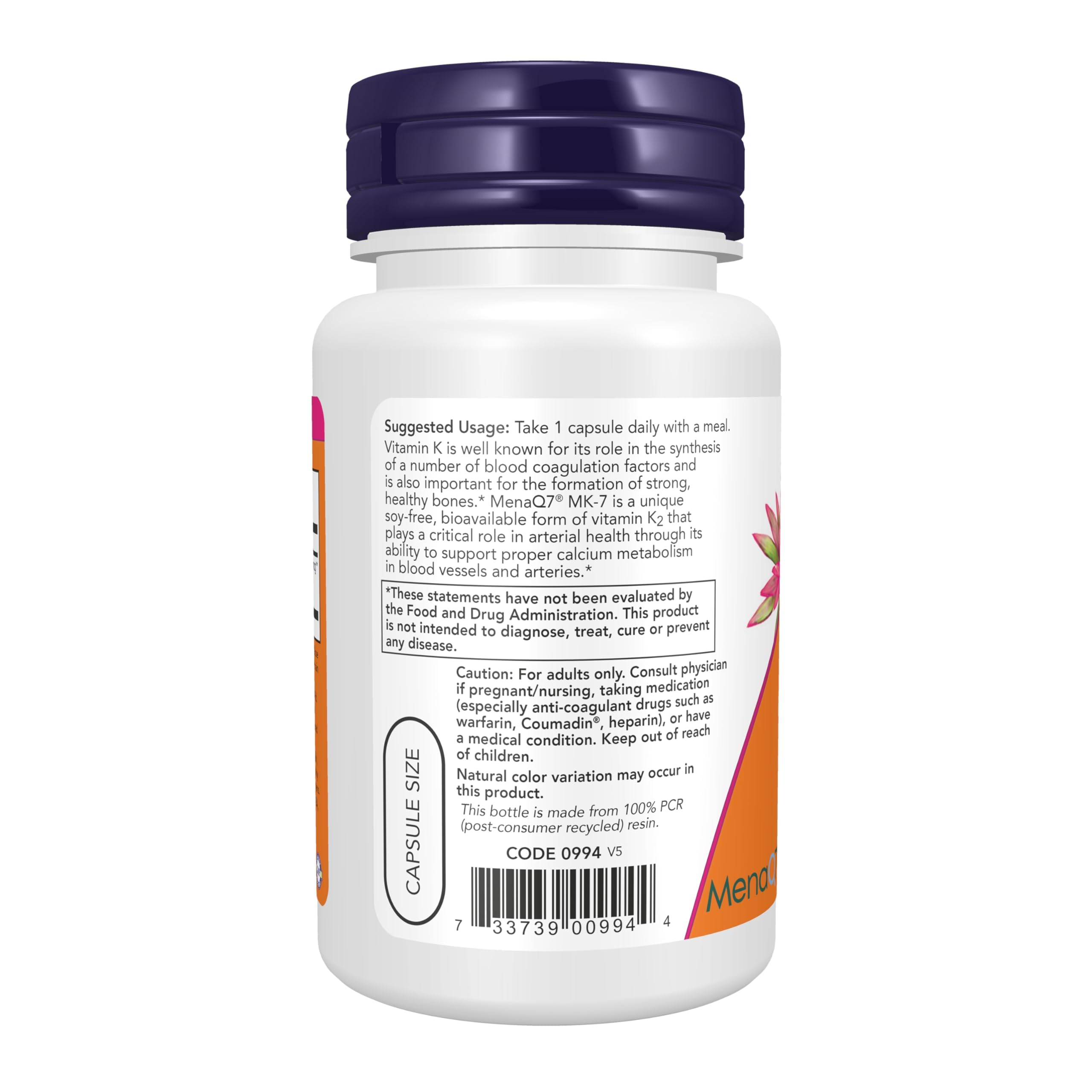 NOW Foods Vitamin K2 MenaQ7 MK-7 300 mcg 60 Veg Capsules back view