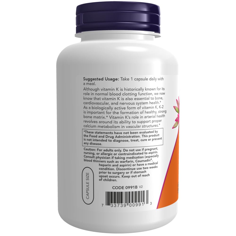 NOW Foods Vitamin K2 Menaquinone-4 100 mcg Veg Capsules label close-up
