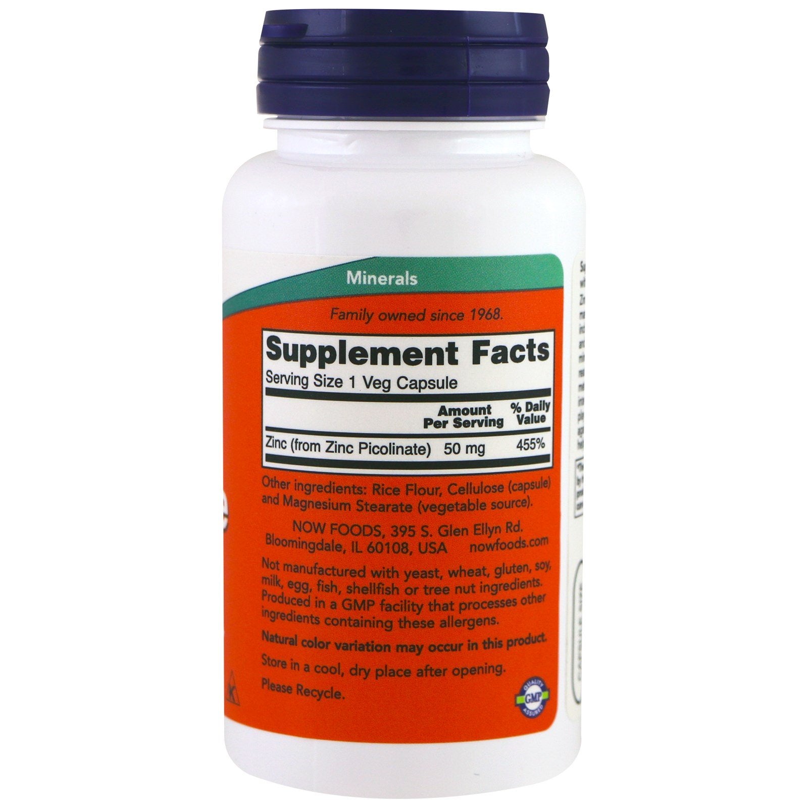 NOW Foods Zinc Picolinate 50mg 120 Veg Capsules bottle with label