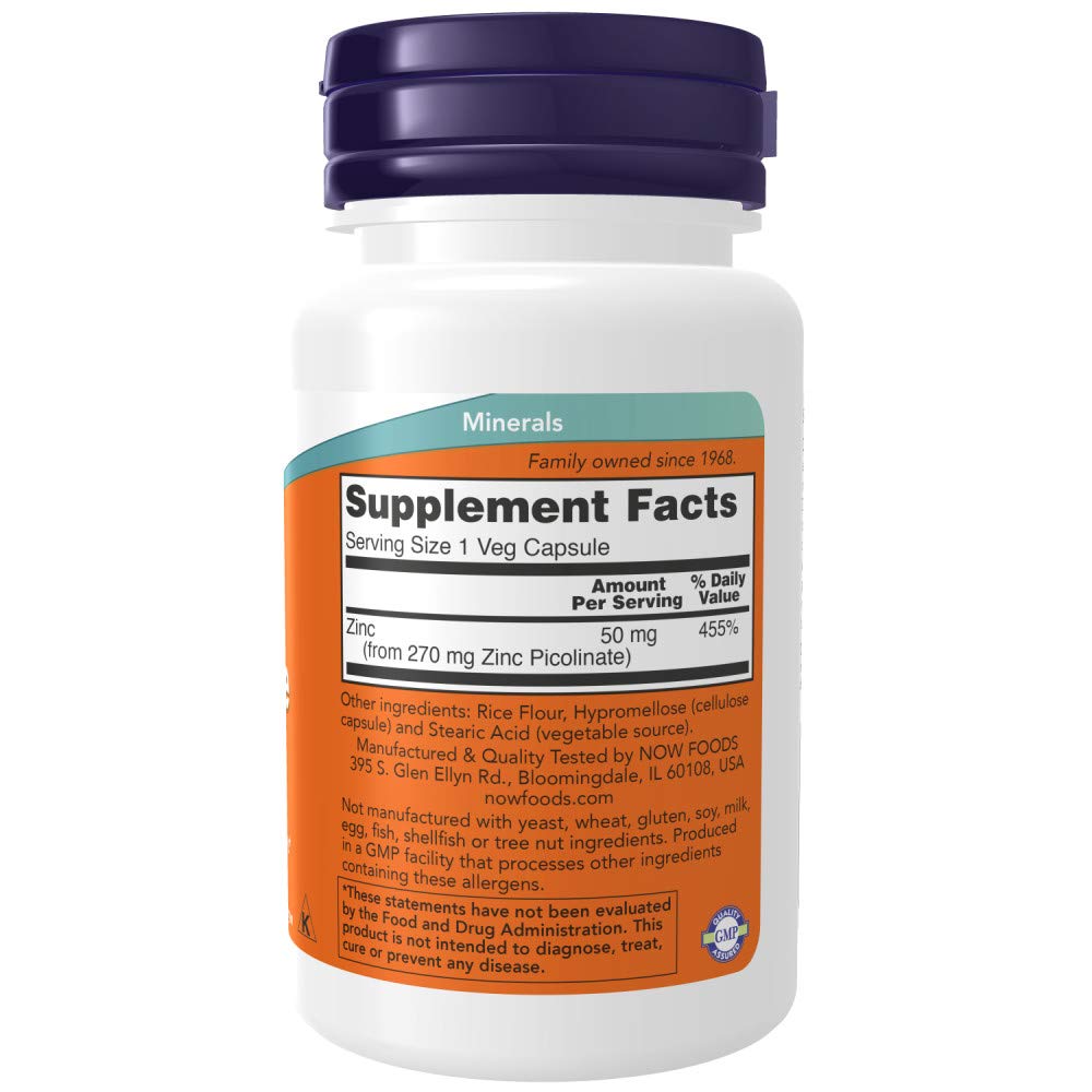 NOW Foods Zinc Picolinate 50mg 60 Capsules side view