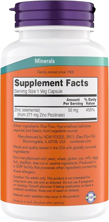 NOW Foods Zinc Picolinate 50mg supplement side view