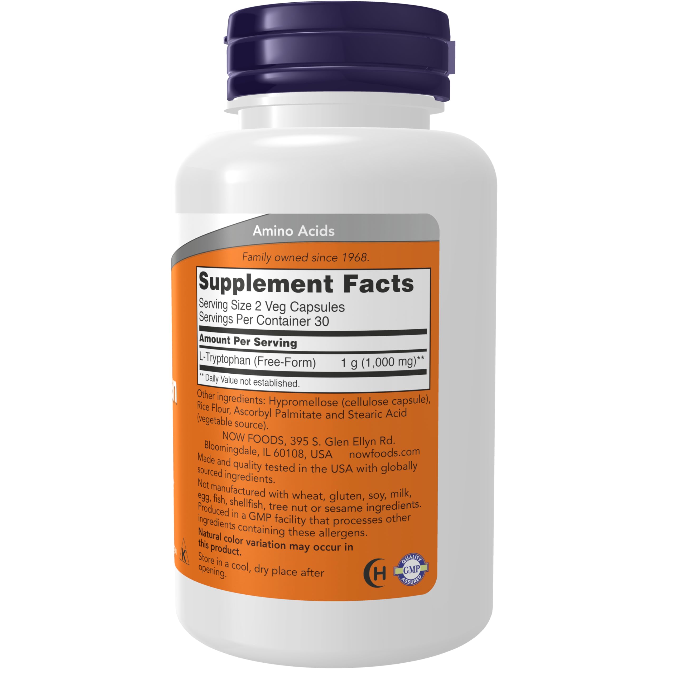 NOW L-Tryptophan 500 mg capsule close-up