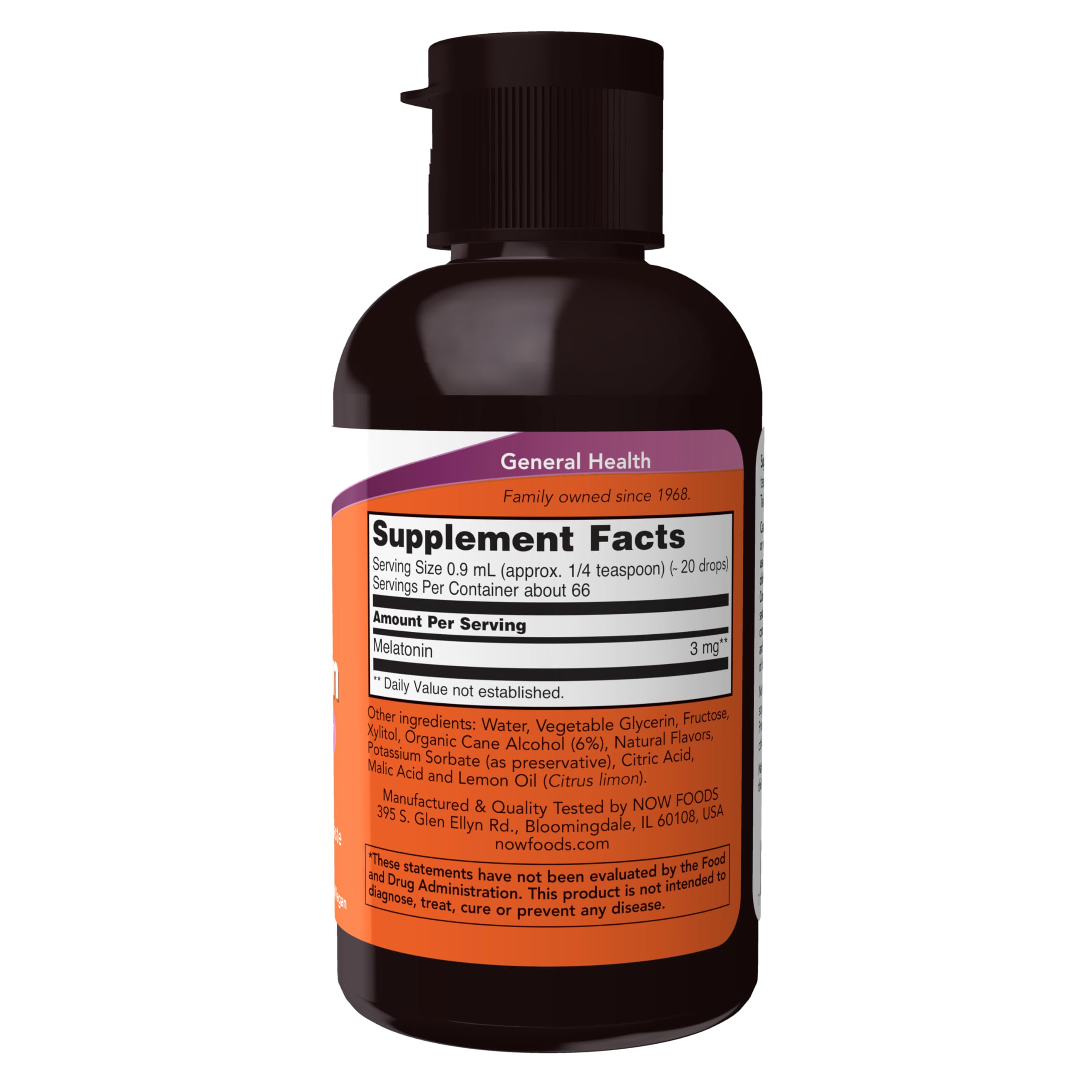 NOW Liquid Melatonin 2 oz bottle side view
