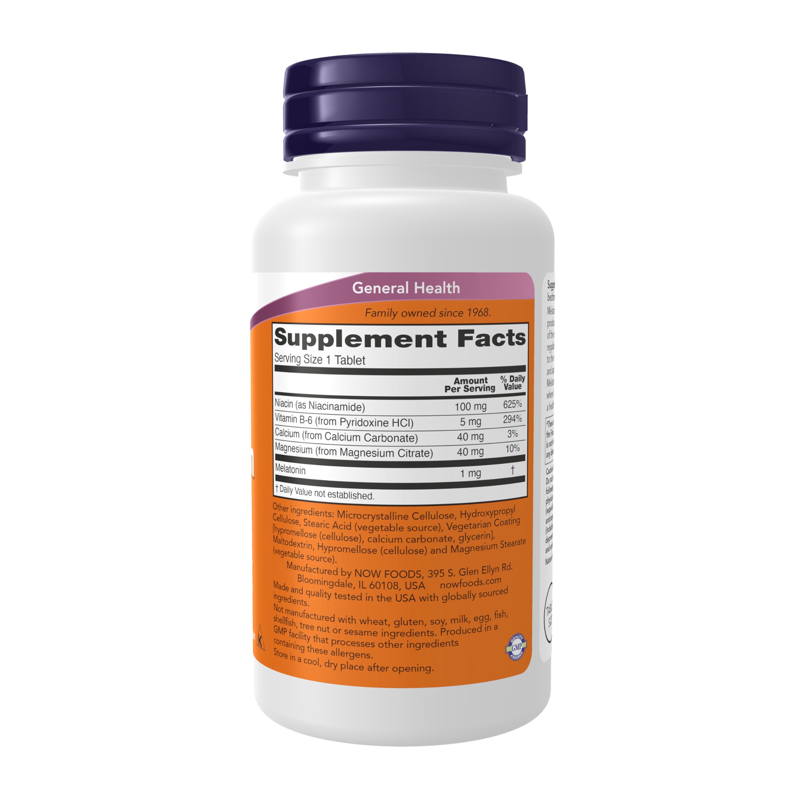 NOW Melatonin 1 mg tablets close-up showing tablet size