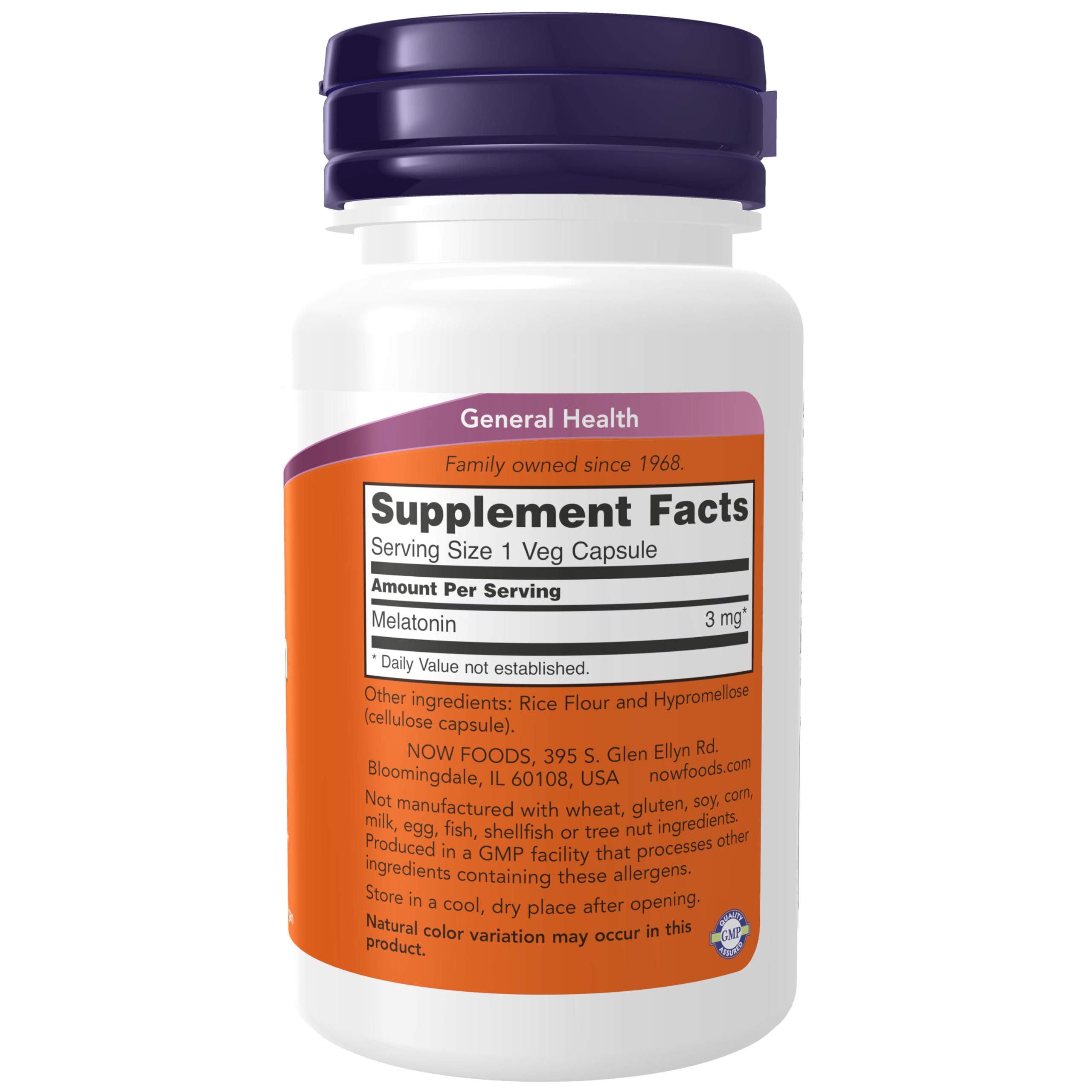 NOW Melatonin 3 mg 60 Veg Capsules side view